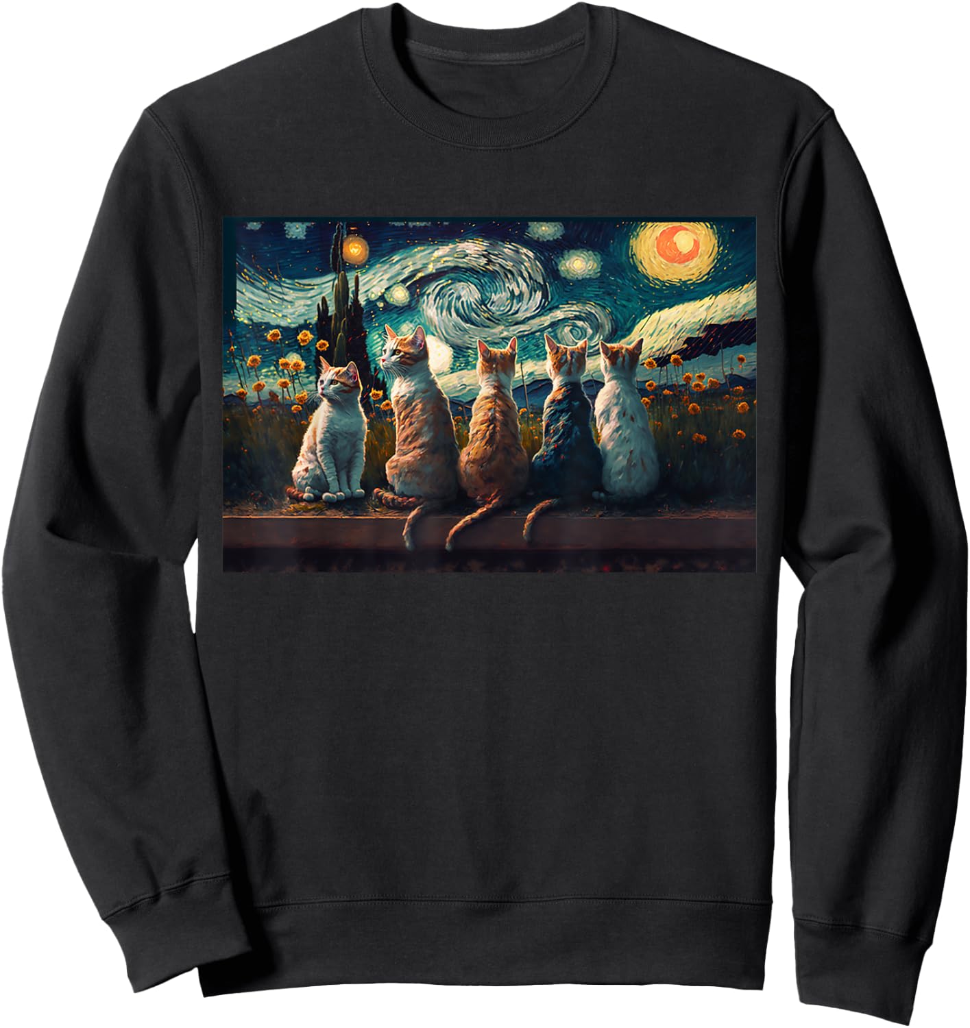 cats painting art sitting Starry Night kitty kitten Van Gogh Sweatshirt - Sweatshirt | Black