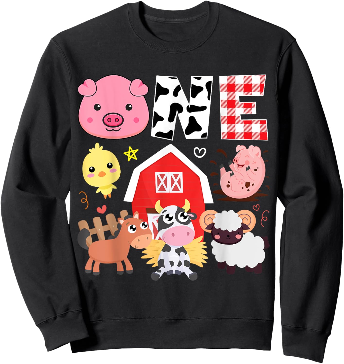 1st Birthday One Year Old Farm Theme Animals Birthday Party Sweatshirt - Sweatshirt | Black