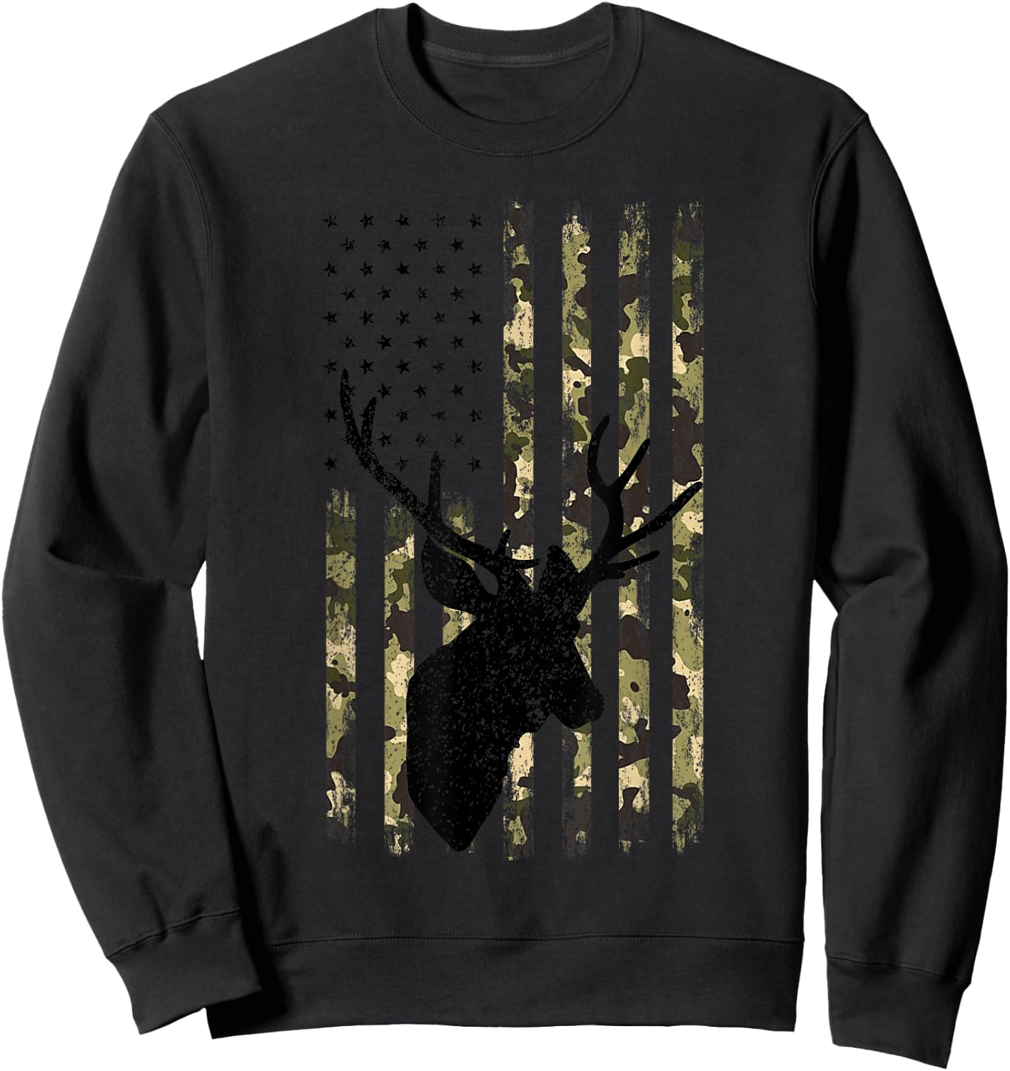 Funny Camouflage USA Flag Whitetail Buck Deer Hunting Lovers Sweatshirt - Sweatshirt | Black