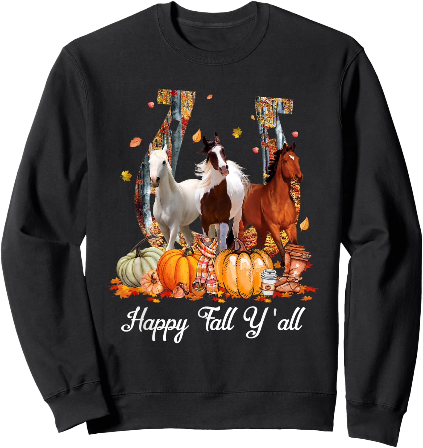 Happy Fall Y'all Horse Thanksgiving Horse Lover Halloween Sweatshirt - Sweatshirt | Black