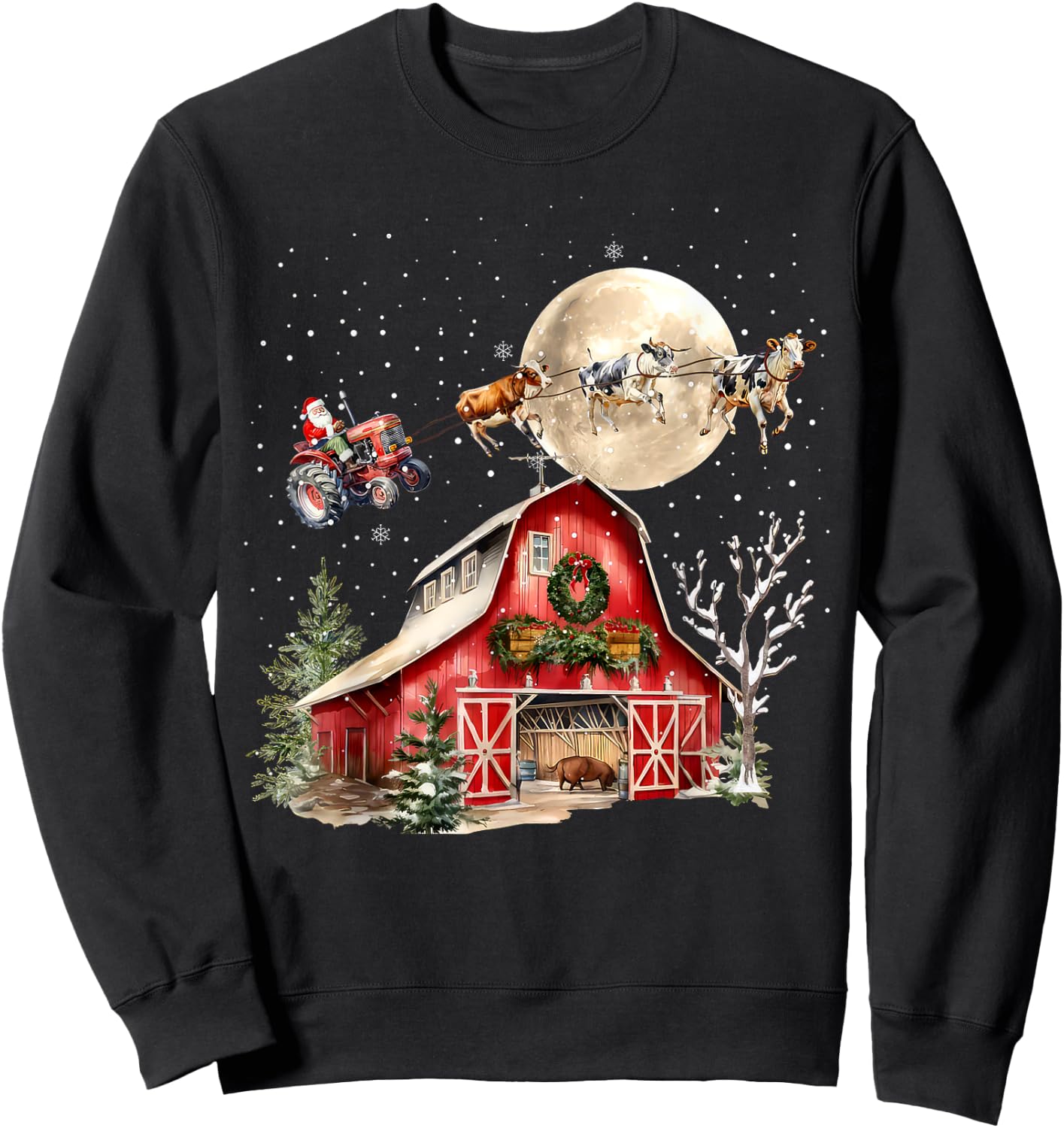 Funny Santa Claus Tractor Cows Farm Farmer Christmas Holiday Sweatshirt - Sweatshirt | Black