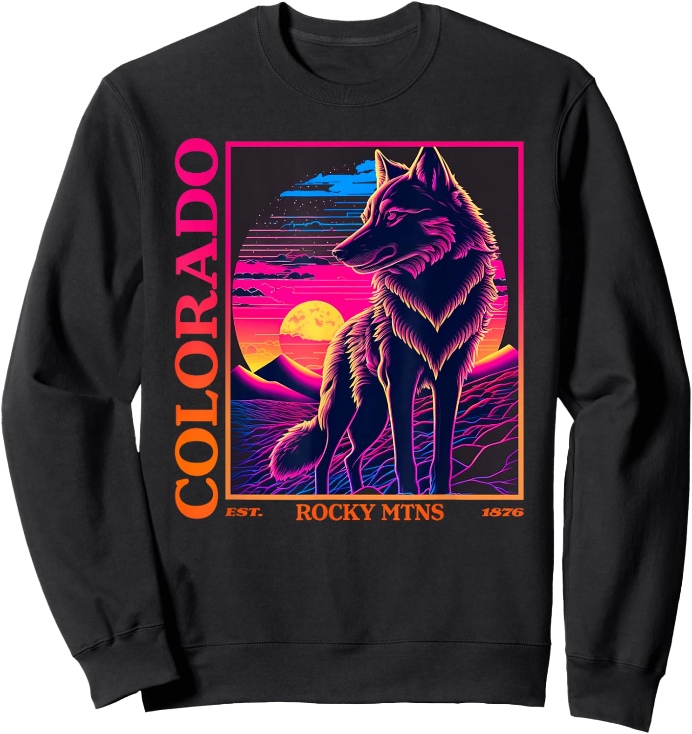 Colorado Mountain Wolf - Wolf, Moon, & Stars Retro Sweatshirt - Sweatshirt | Black