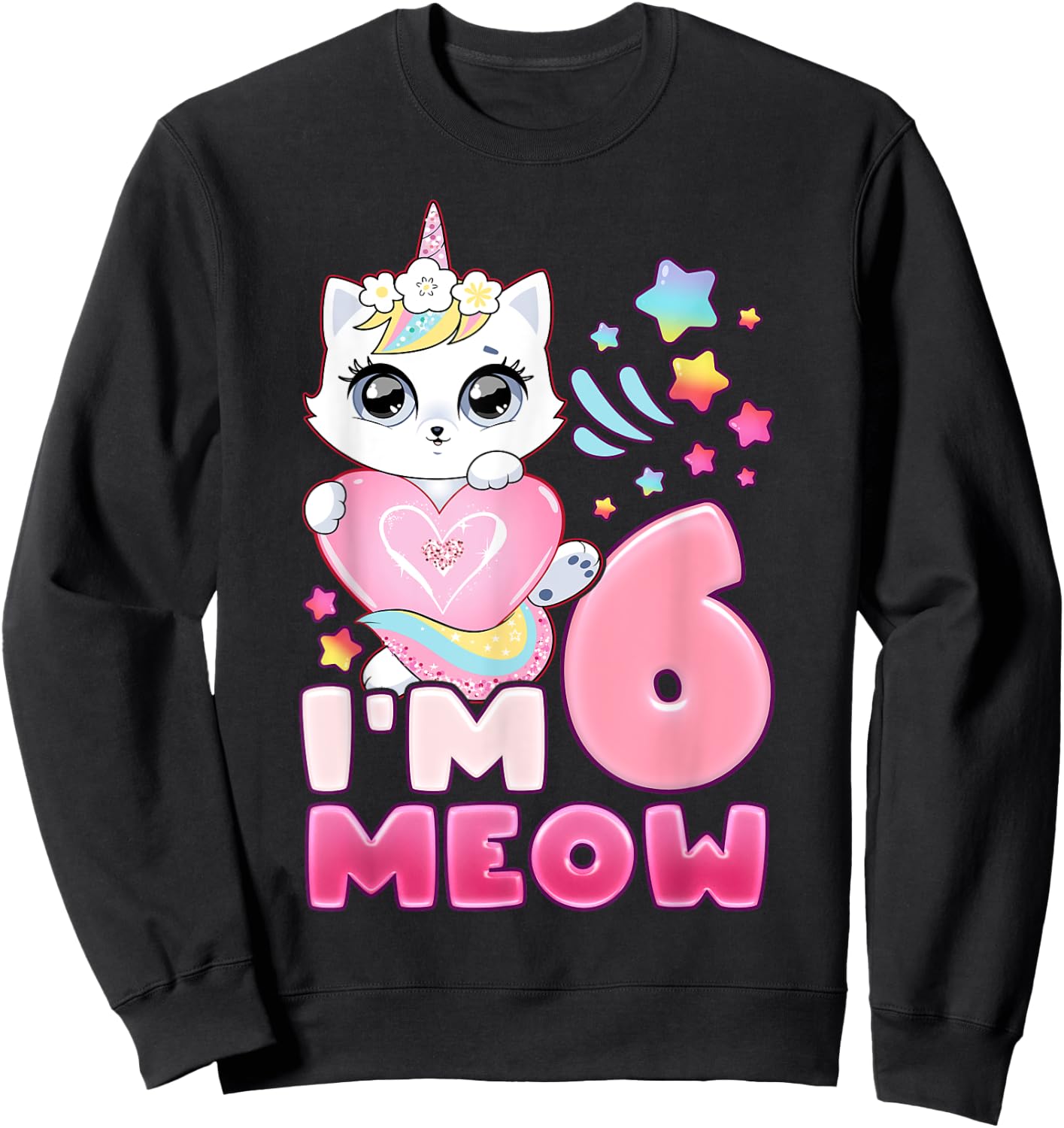 Birthday girl 6 years old, cat, unicorn, 6th birthday Sweatshirt - Sweatshirt | Black
