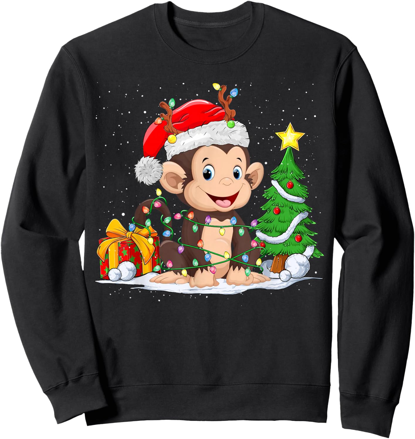 Cute Monkey Santa Christmas Tree Lights Xmas Pajama Monkey Sweatshirt - Sweatshirt | Black