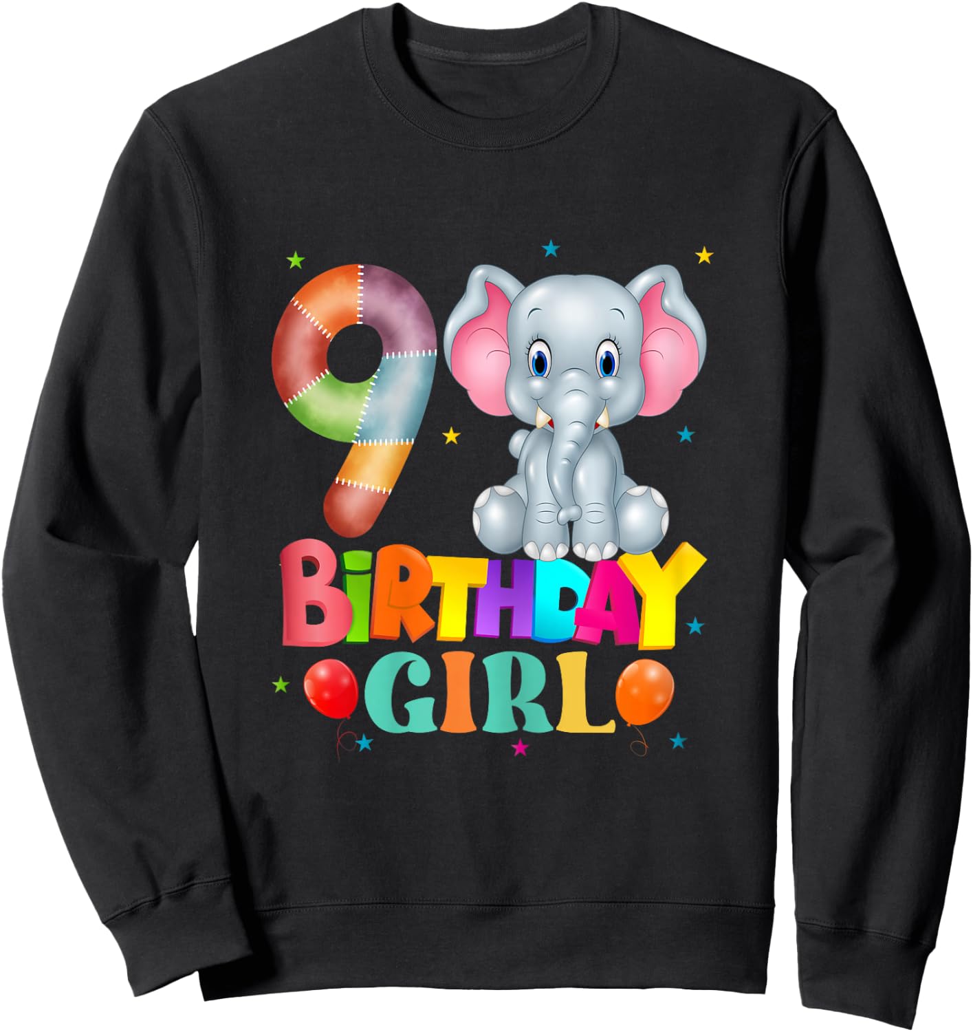 9th Birthday Elephant 9 Years Old Girls Elephant Sweatshirt - Sweatshirt | Black