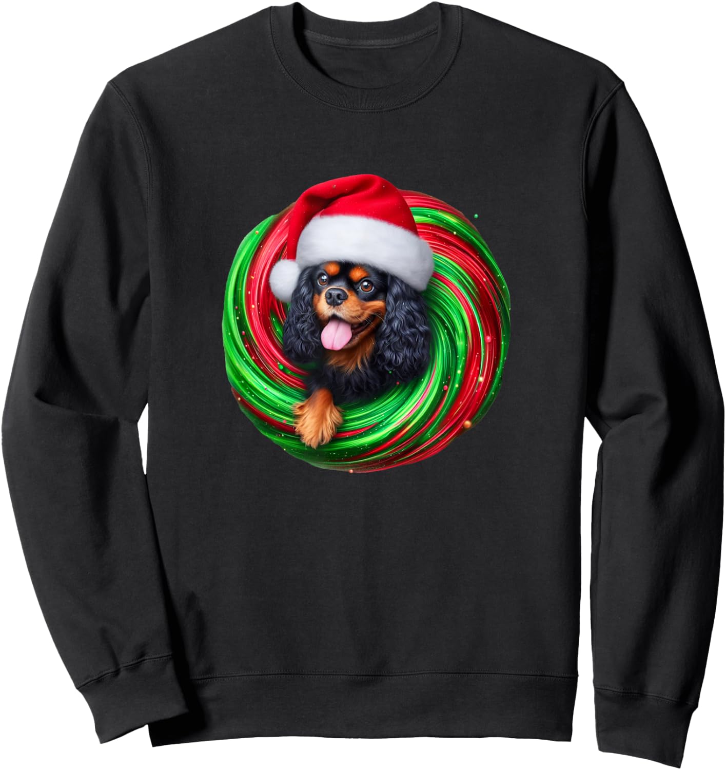 Cavalier King Charles Spaniel Dog Black Tan Christmas Swirl Men Women Sweatshirt - Sweatshirt | Black