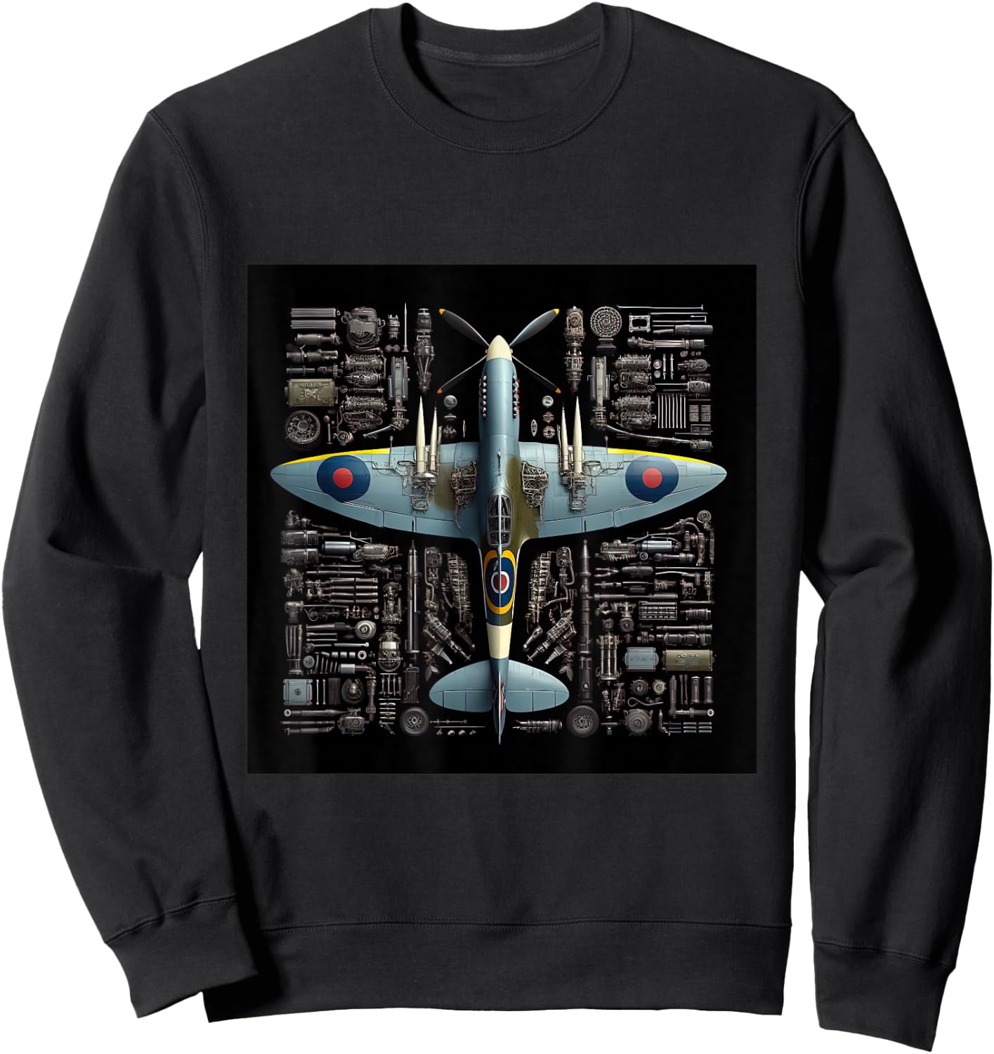 WW2 Warplane Spitfire Anatomy Assembly Parts Blueprint Sweatshirt - Sweatshirt | Black