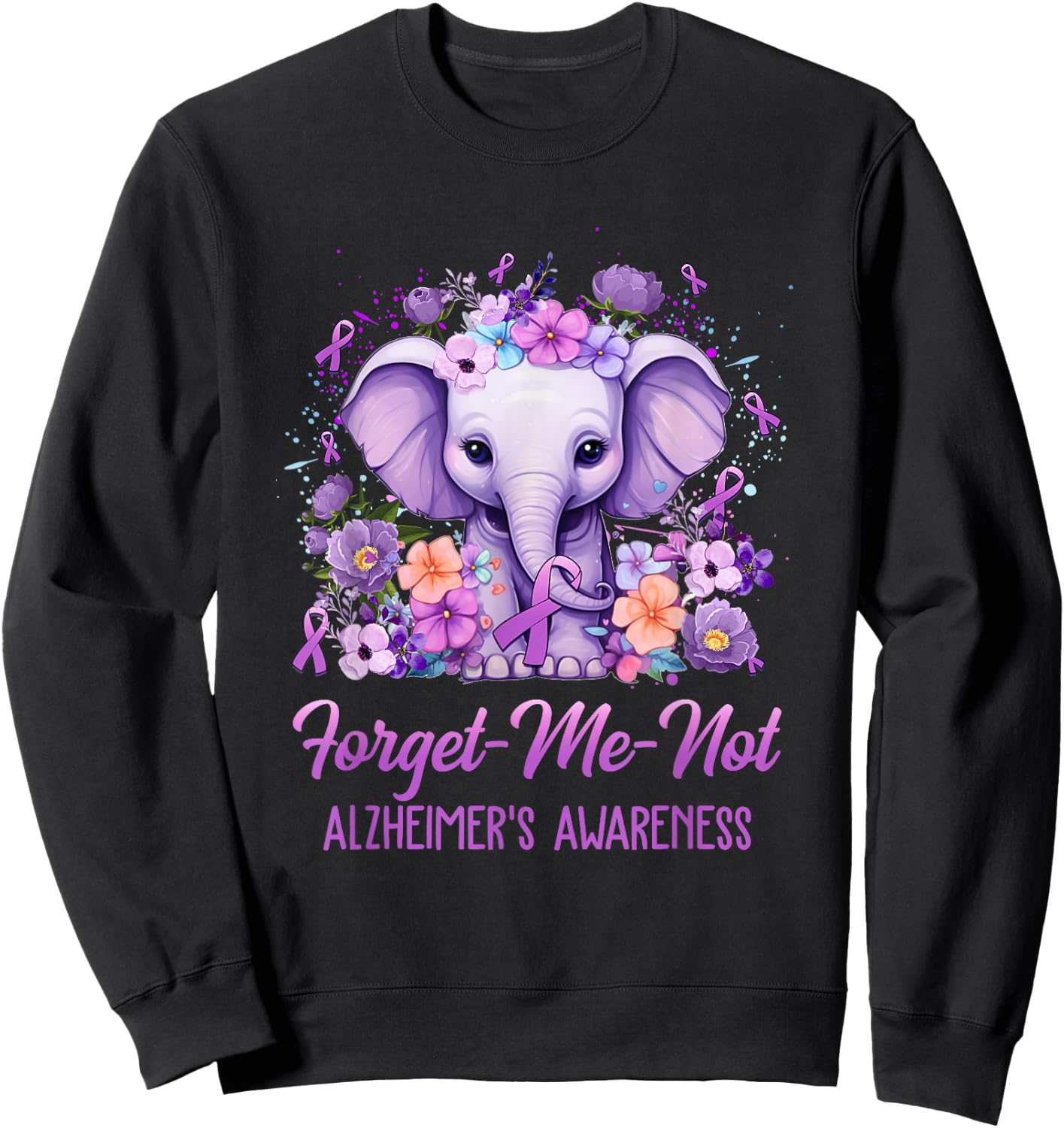 Forget Me Not Alzheimer's Awareness Month Elephant Flower Sweatshirt - Sweatshirt | Black