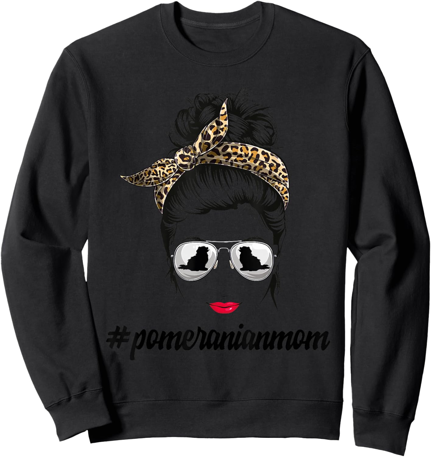Pomeranian Dog Mom Messy Bun Leopard Women Puppy Pet Lover Sweatshirt - Sweatshirt | Black