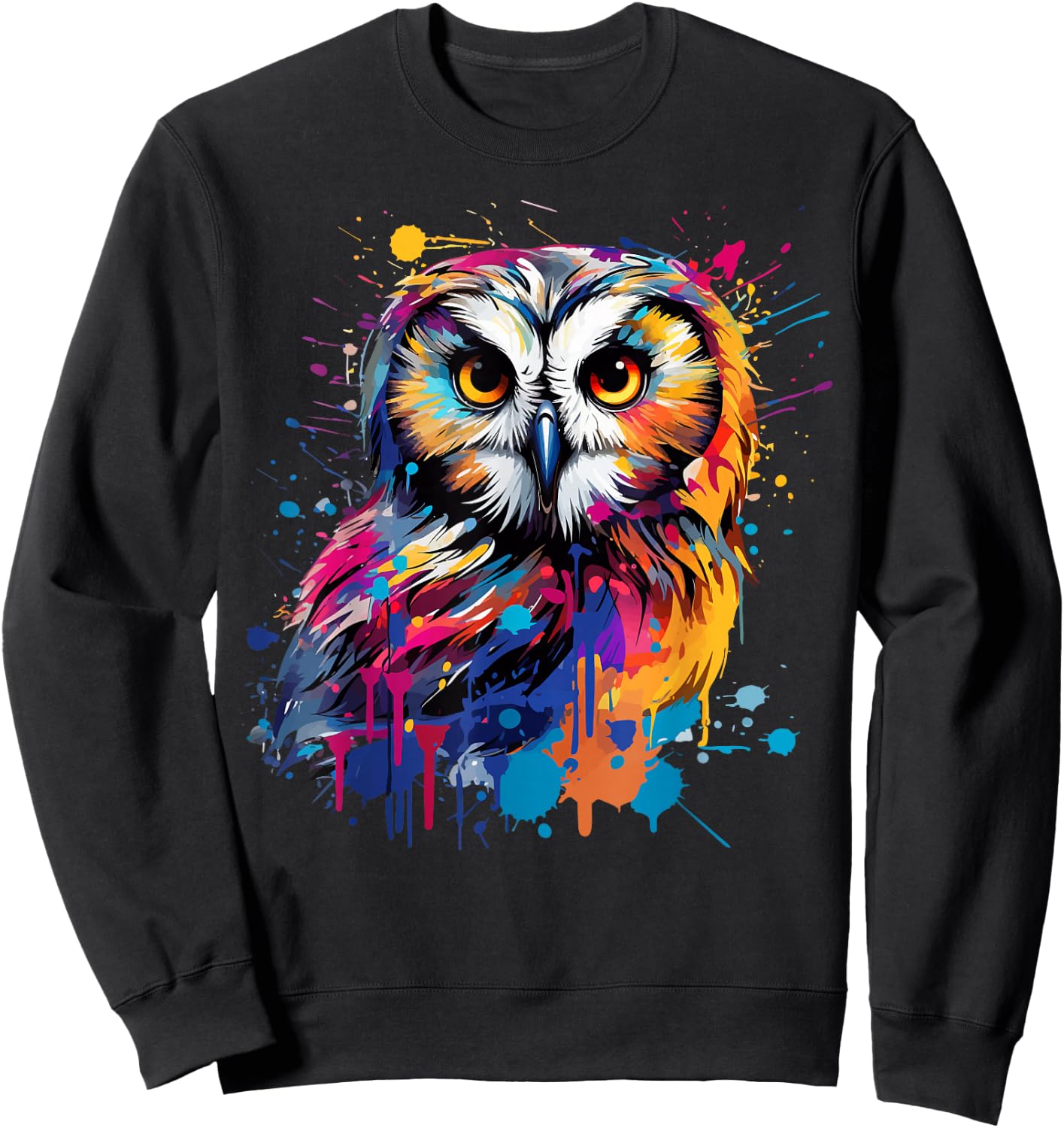 Splash Art Owls Lover Colorful Short Eared Owl Sweatshirt - Sweatshirt | Black
