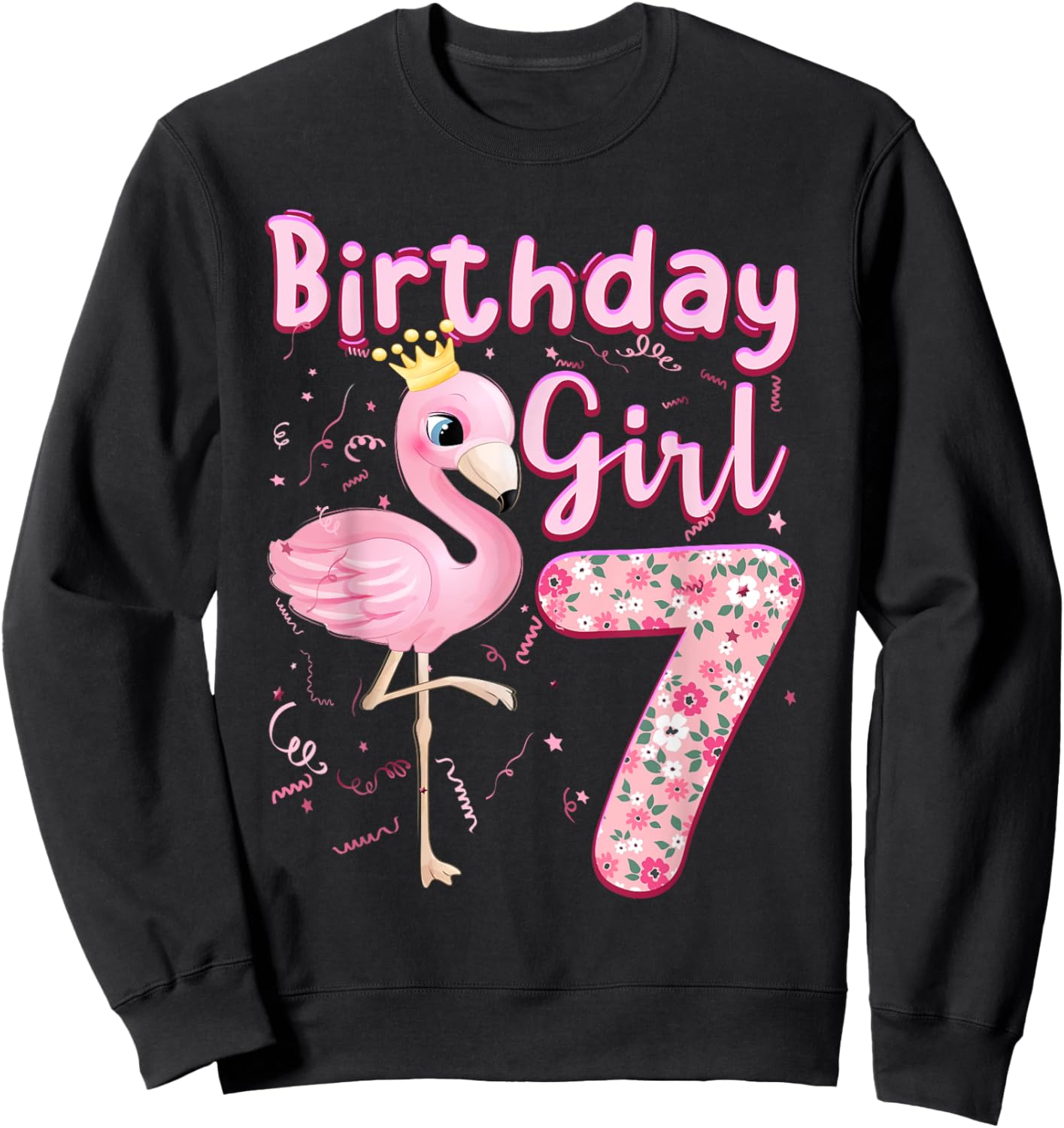 7th Birthday Girls Flamingo 7 Years Old Tropical Flamingo Sweatshirt - Sweatshirt | Black