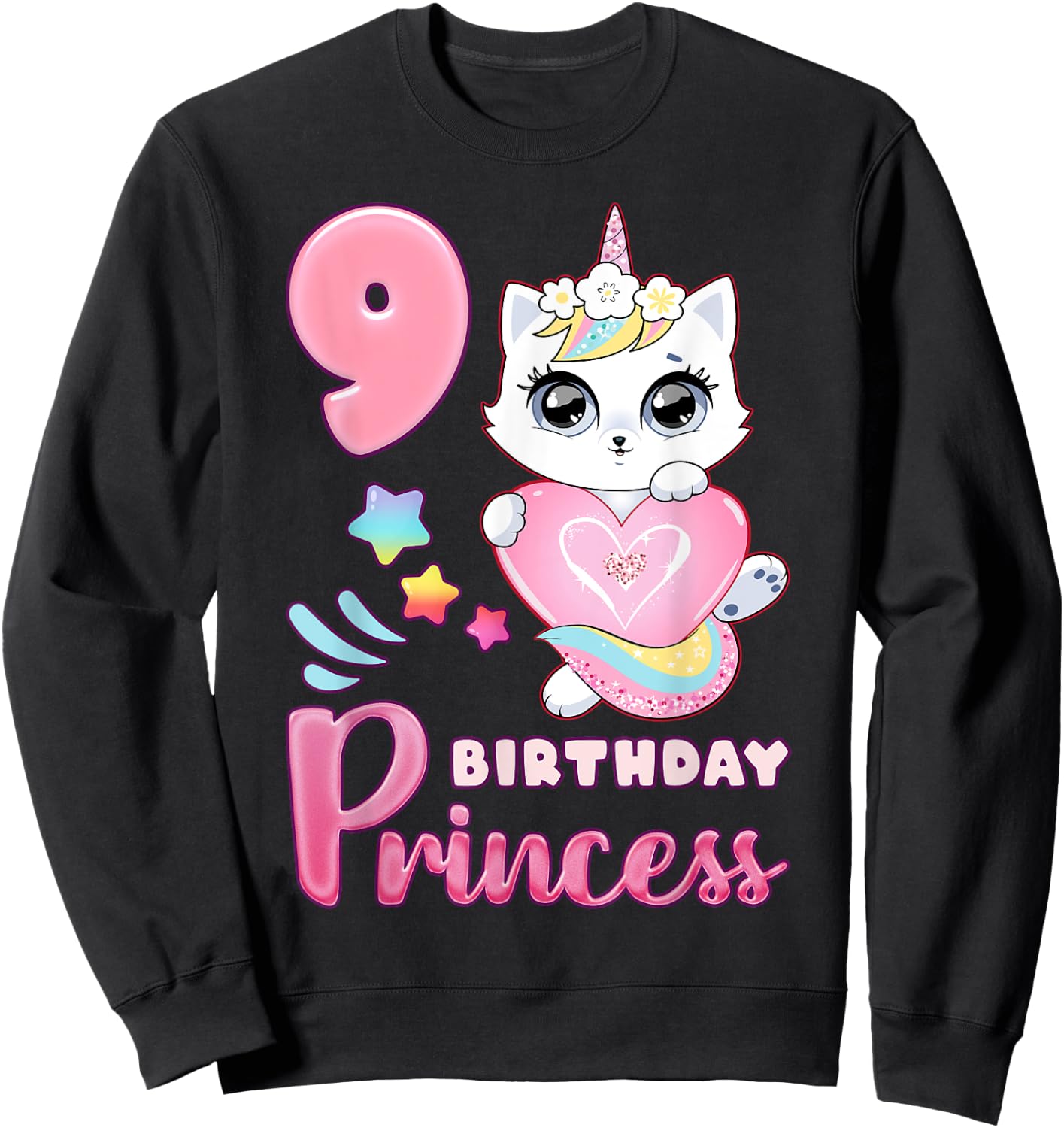 Girl, 9th birthday, unicorn cat, number 9 Sweatshirt - Sweatshirt | Black