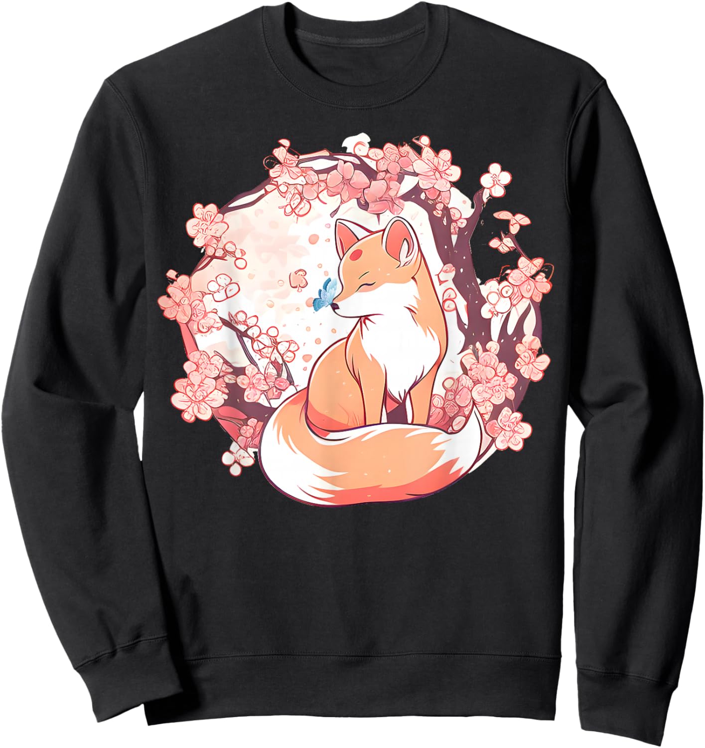 Fox Japanese Cherry Blossom Flower Butterfly Vintage Sweatshirt - Sweatshirt | Black