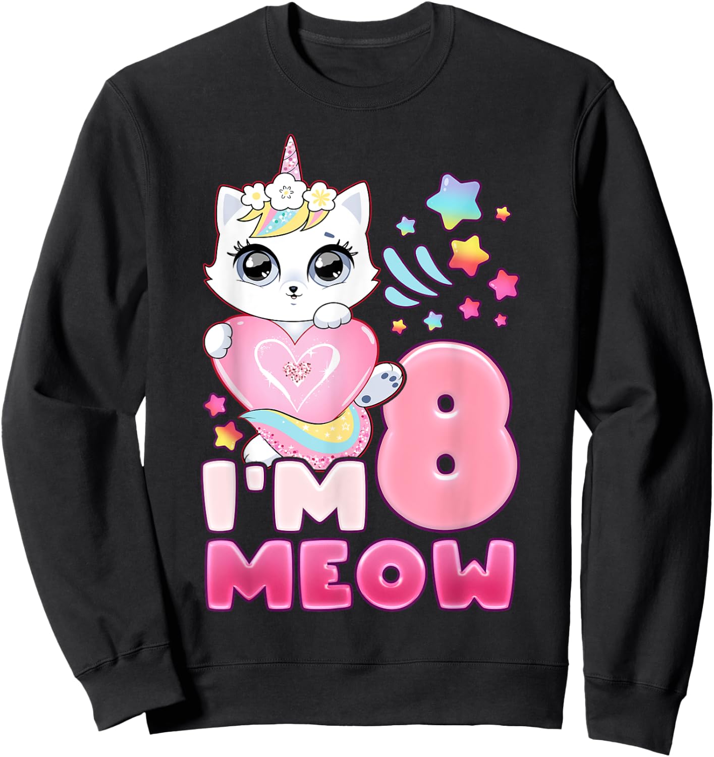 Birthday girl 8 years old, cat, unicorn, 8th birthday Sweatshirt - Sweatshirt | Black