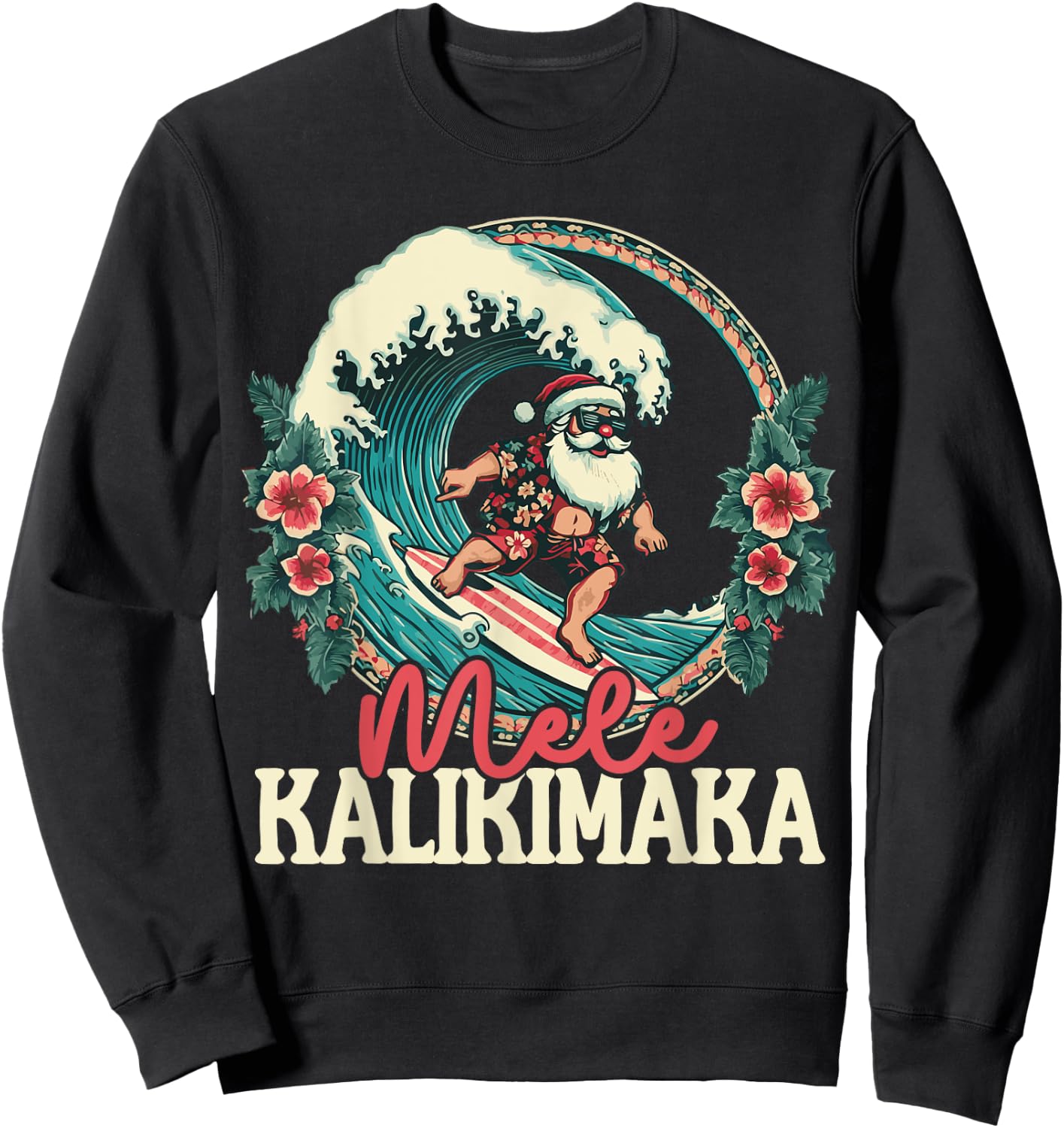 Mele Kalikimaka Santa Surfing Christmas Hawaiian Shaka Wave Sweatshirt - Sweatshirt | Black