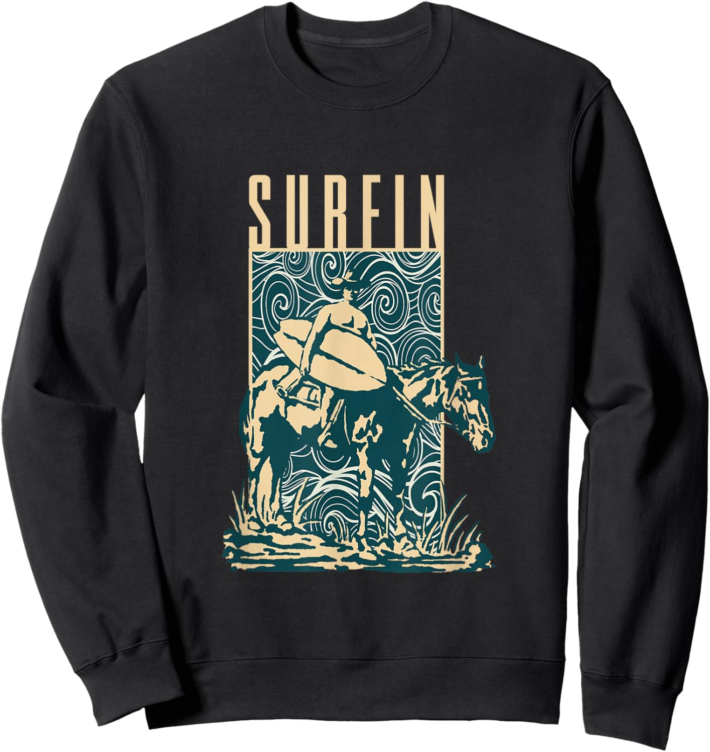 Surfin | Cowboy Cowboy With Surfboard | Surfing Surfer Sweatshirt - Sweatshirt | Black