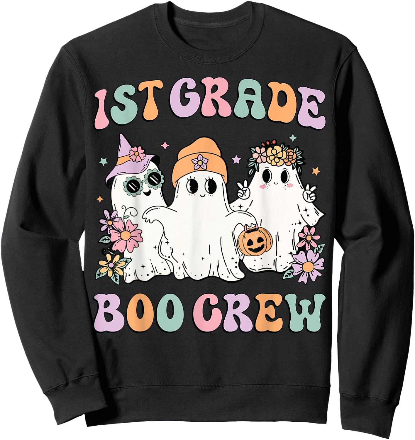 1st Grade Boo Crew Groovy Halloween Floral Ghost Kid Teacher Sweatshirt - Sweatshirt | Black