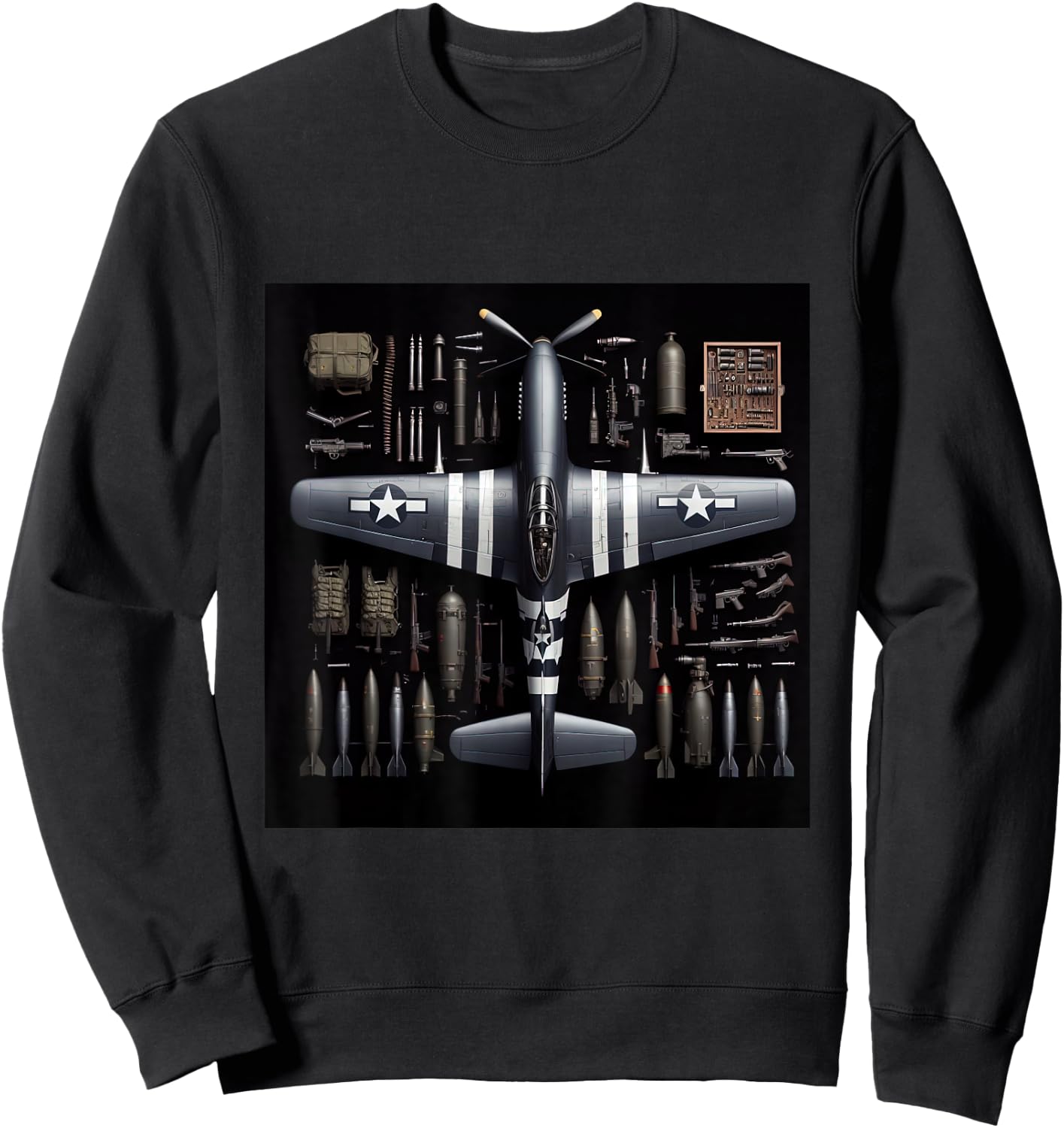 WW2 Warplane P51 Mustang Assembly Parts Blueprint Sweatshirt - Sweatshirt | Black