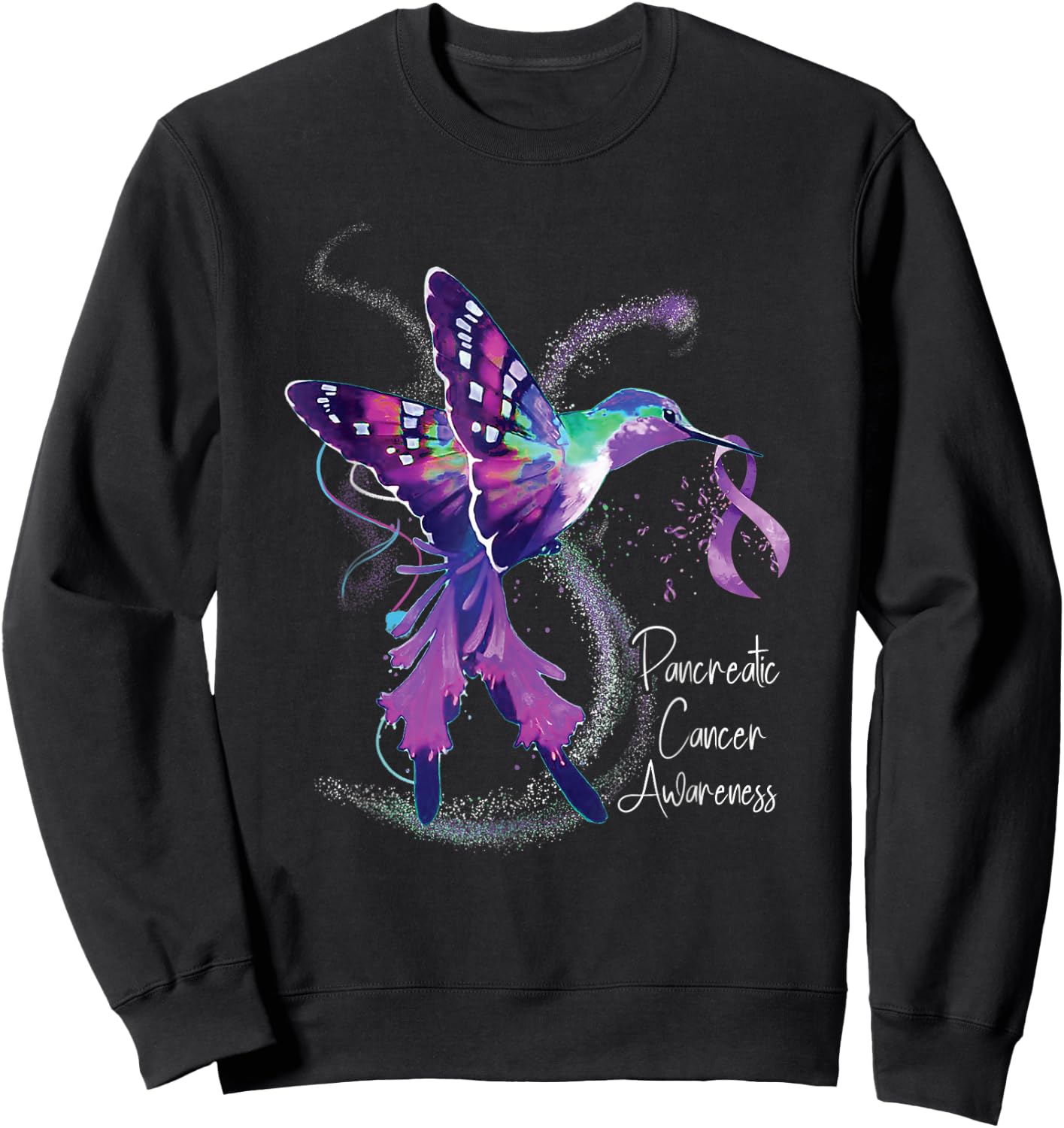 Pancreatic Cancer Awareness Hummingbird Purple Ribbon Sweatshirt - Sweatshirt | Black