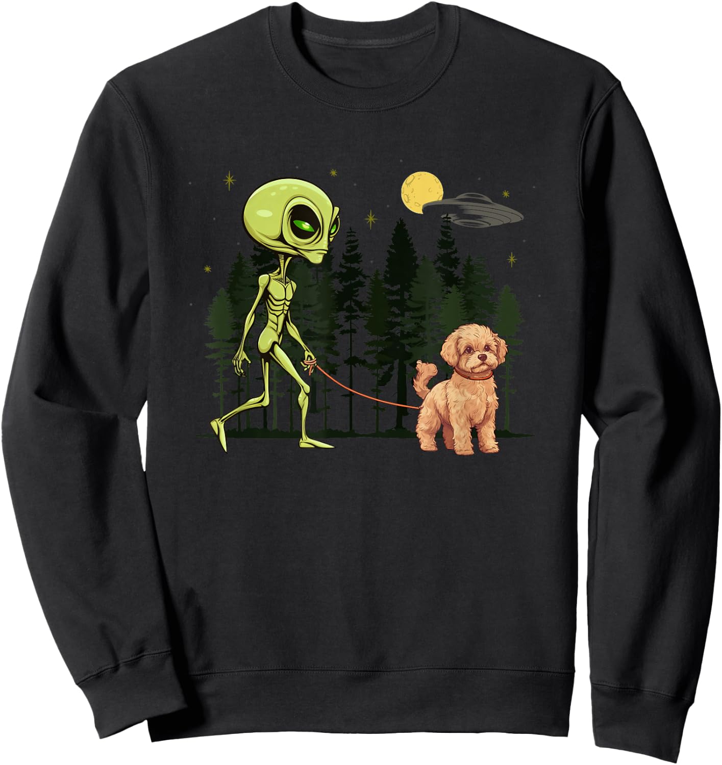 Funny Maltipoo Alien Walking UFO Pet Dog Mom Dad Women Kids Sweatshirt - Sweatshirt | Black