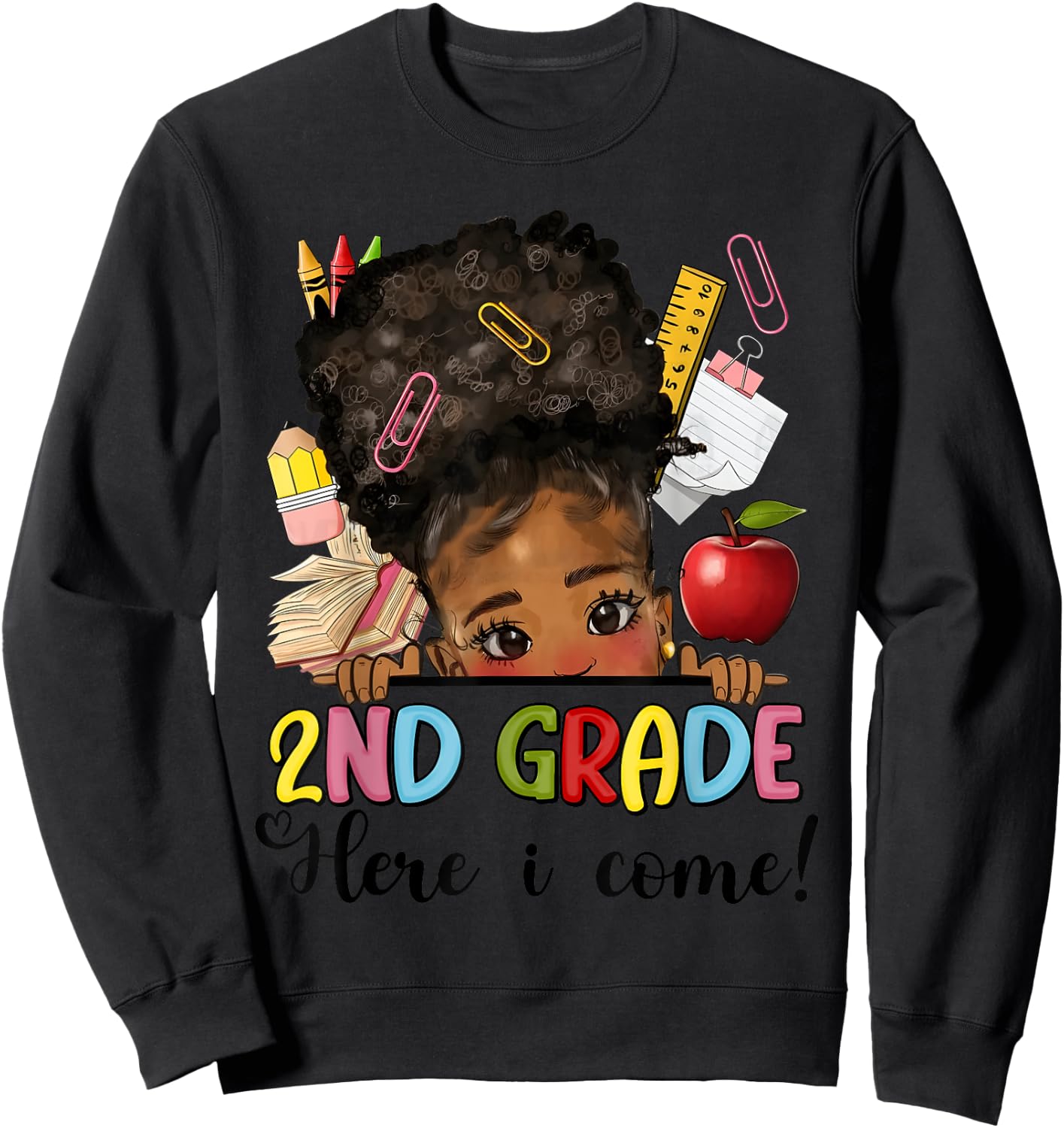Second Grade Here I come Afro Girl Messy Bun Back to school Sweatshirt - Sweatshirt | Black