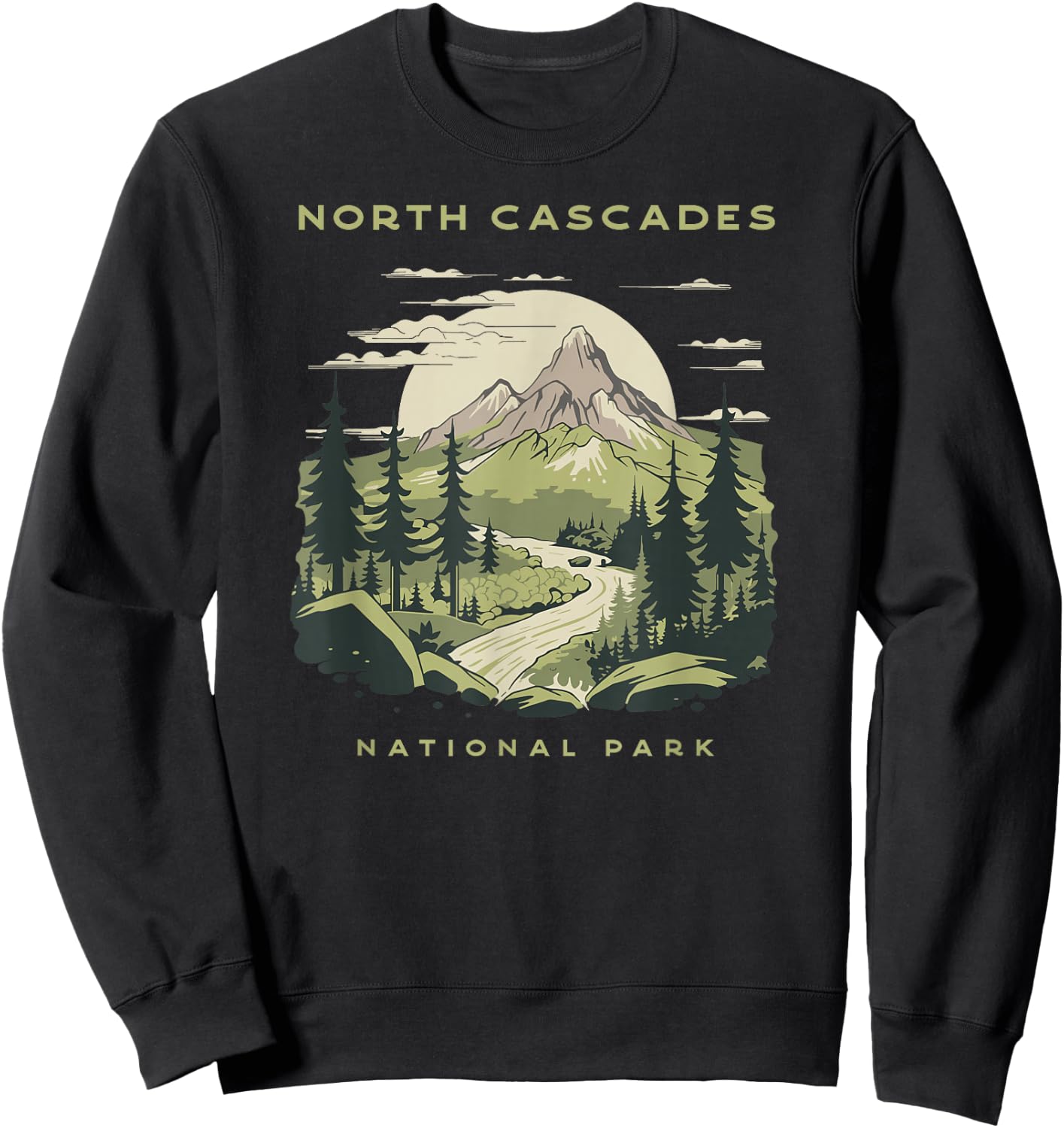 Presto North Cascades National Park -Adults Green Nature Graphic Sweatshirt - Sweatshirt | Black