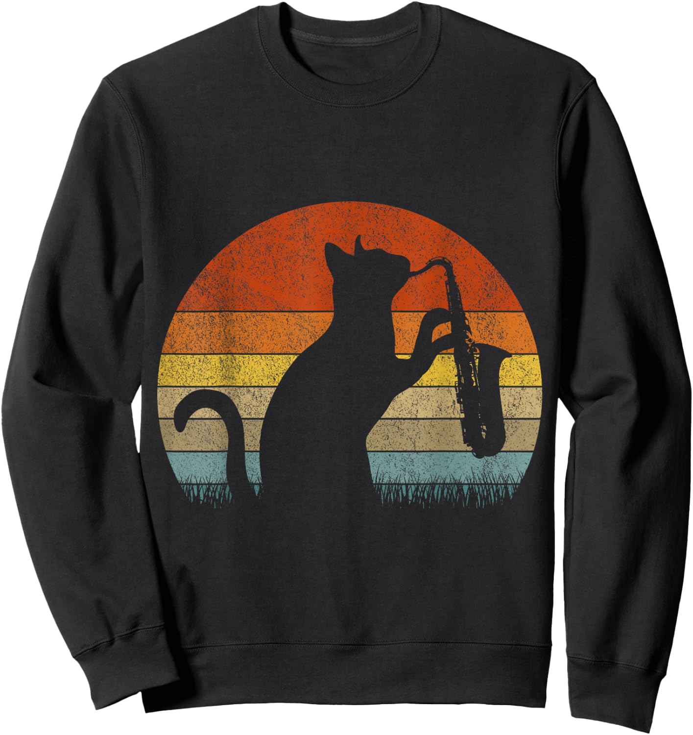 Funny Saxophone Cat Musician Jazz Music Lover Retro Vintage Sweatshirt - Sweatshirt | Black