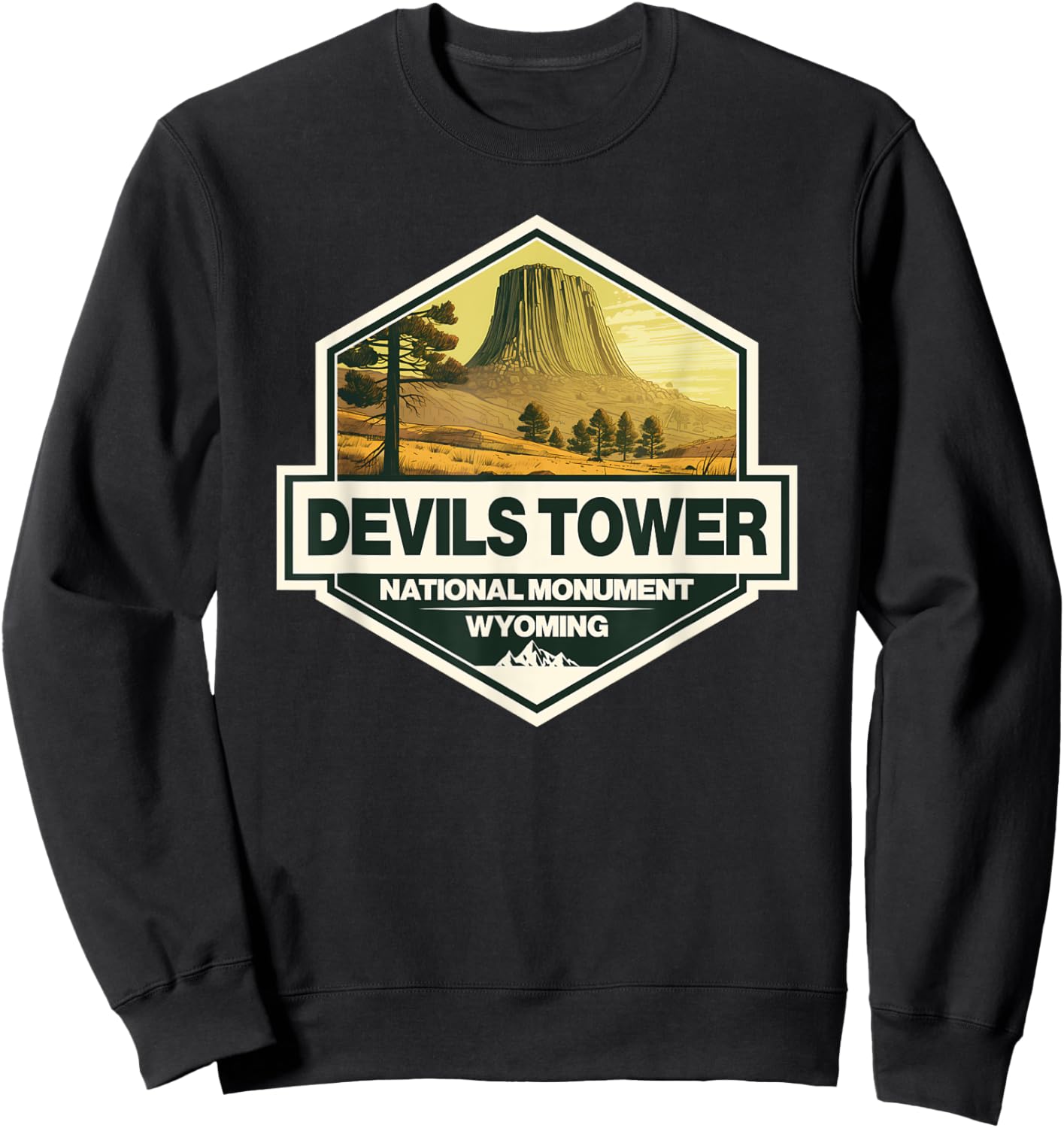 Devils Tower National Monument Wyoming Travel Art Badge Sweatshirt - Sweatshirt | Black
