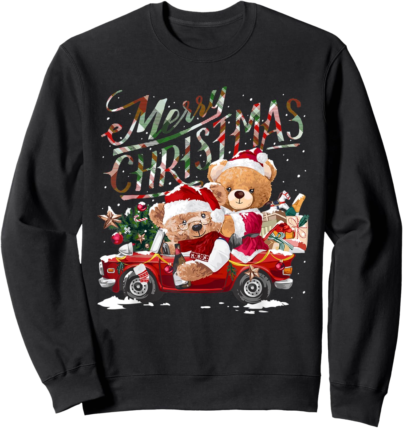 Teddy bears and Christmas tree in red car Sweatshirt - Sweatshirt | Black
