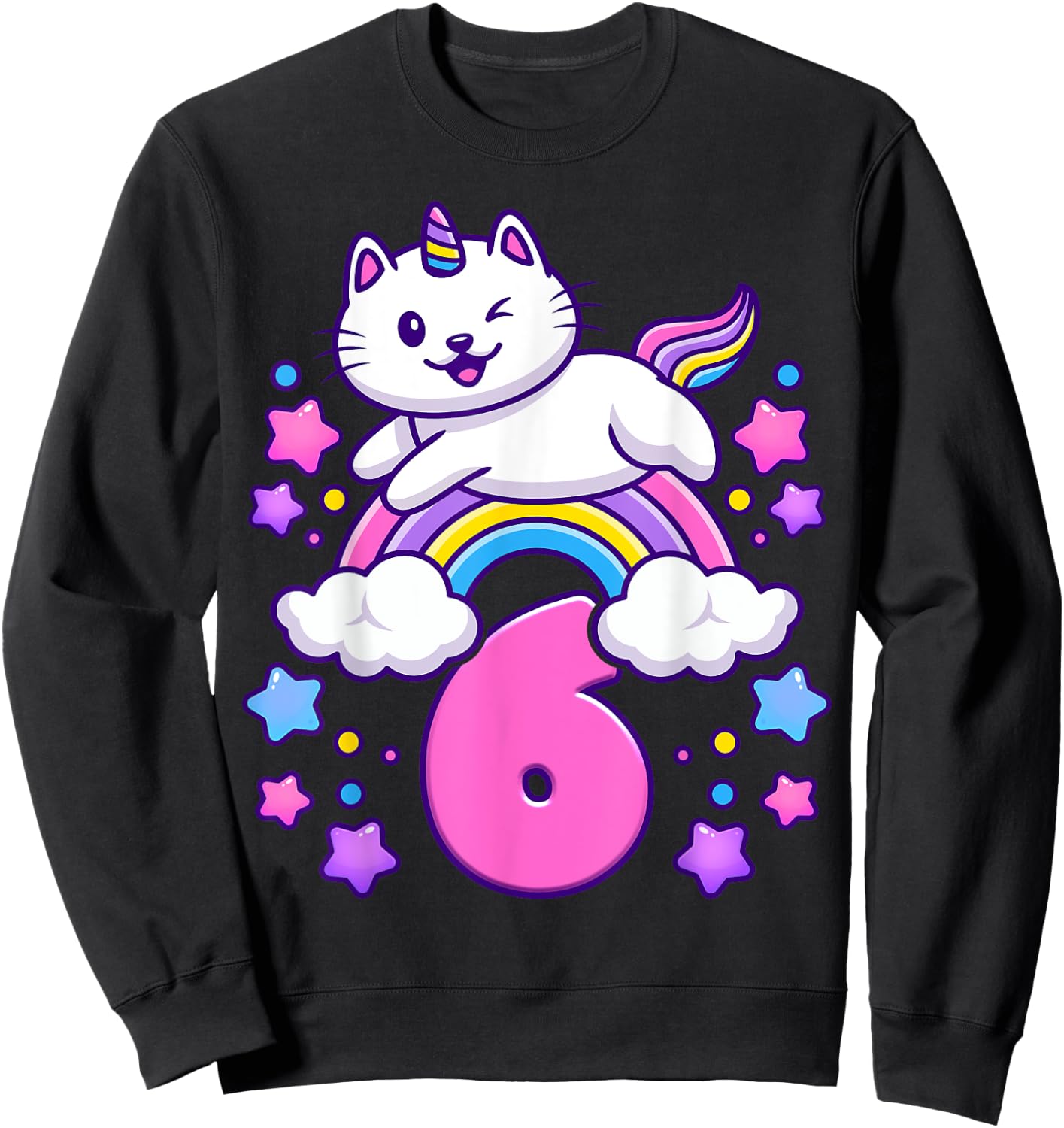 Birthday girl 6 years old, cat, unicorn, 6th birthday Sweatshirt - Sweatshirt | Black