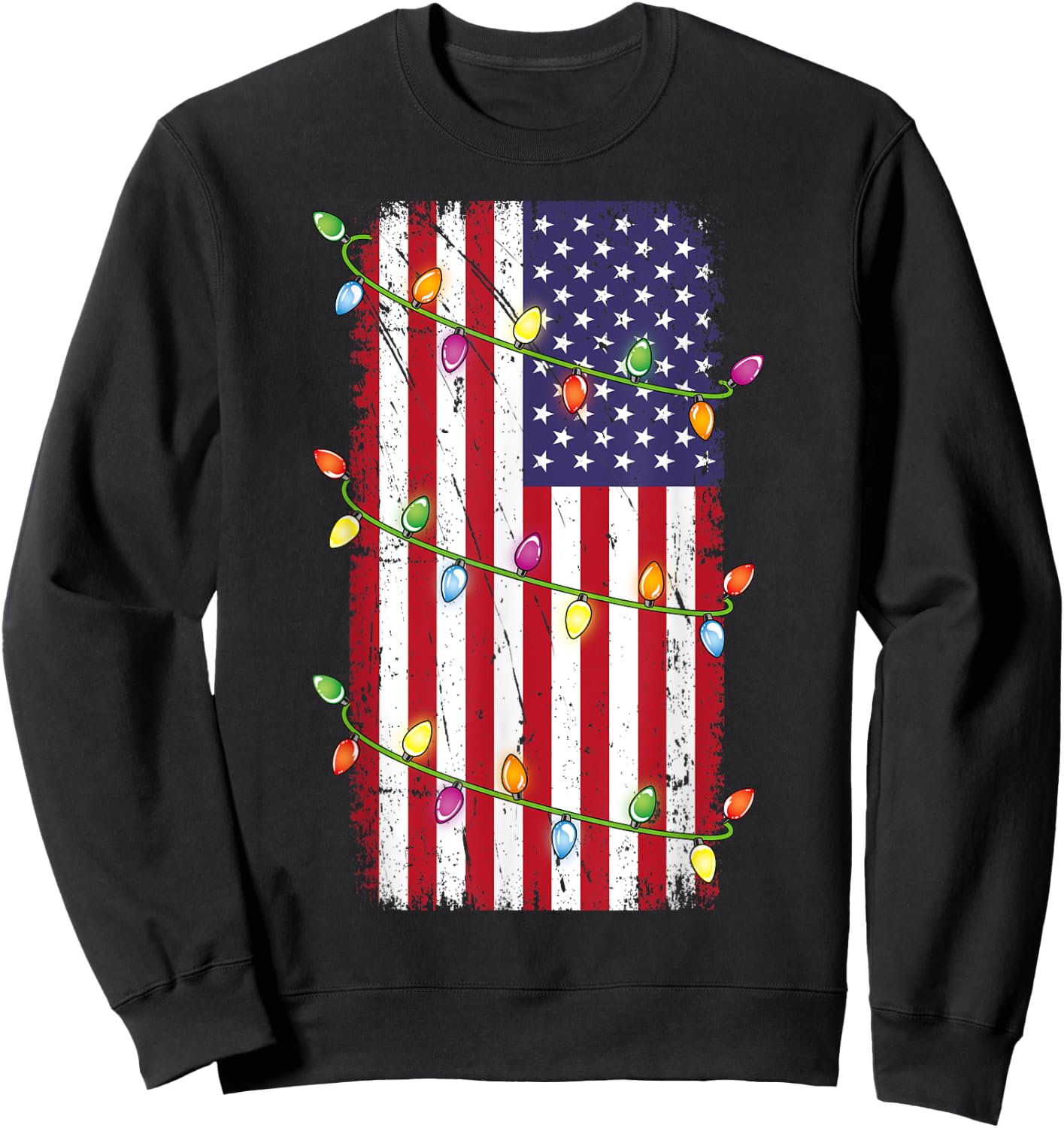 Christmas Lights USA Flag Shirt Patriotic Veteran Christmas Sweatshirt - Sweatshirt | Black