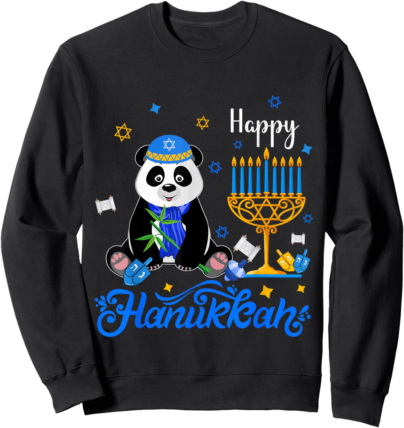 Happy Hanukkah Panda Wearing Jewish Hat Menorah Dreidel Sweatshirt - Sweatshirt | Black