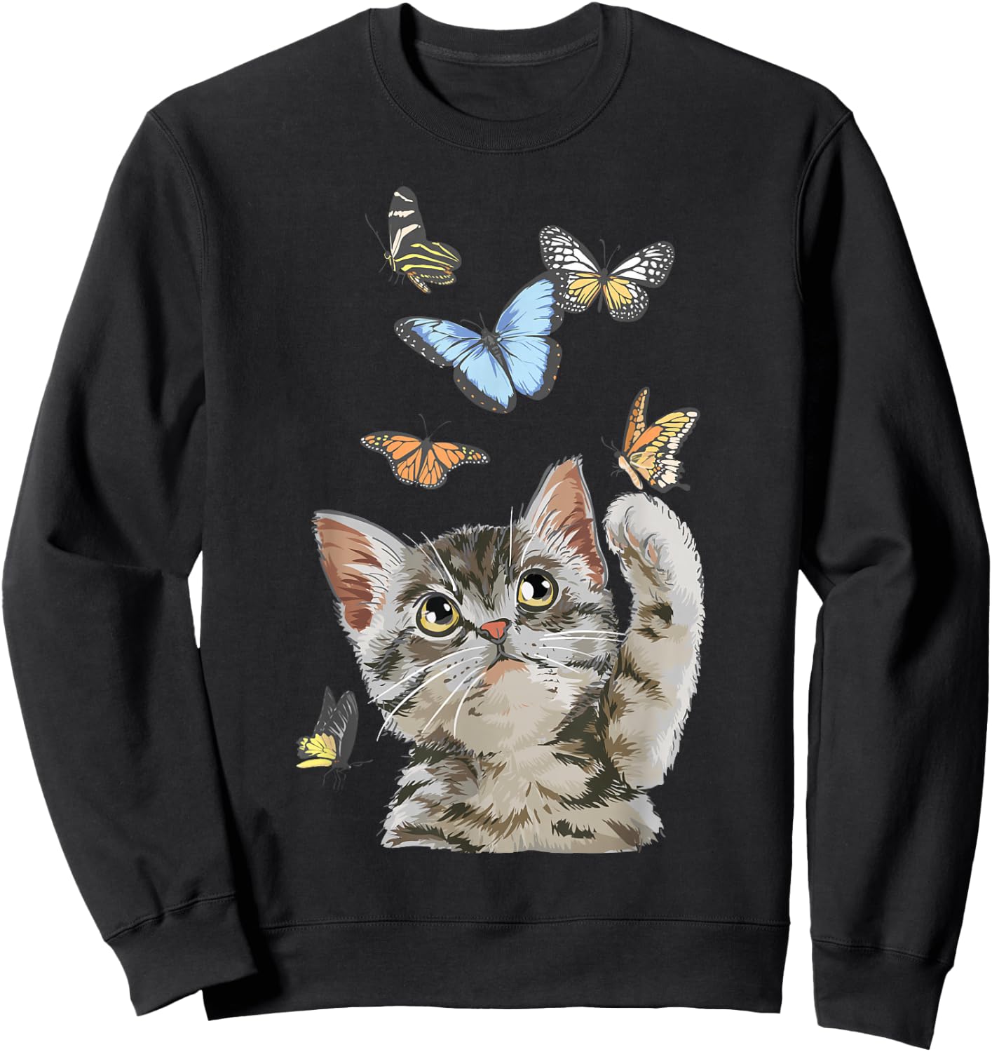 cute Kitty cat playing butterflies for lover cats kitten Sweatshirt - Sweatshirt | Black