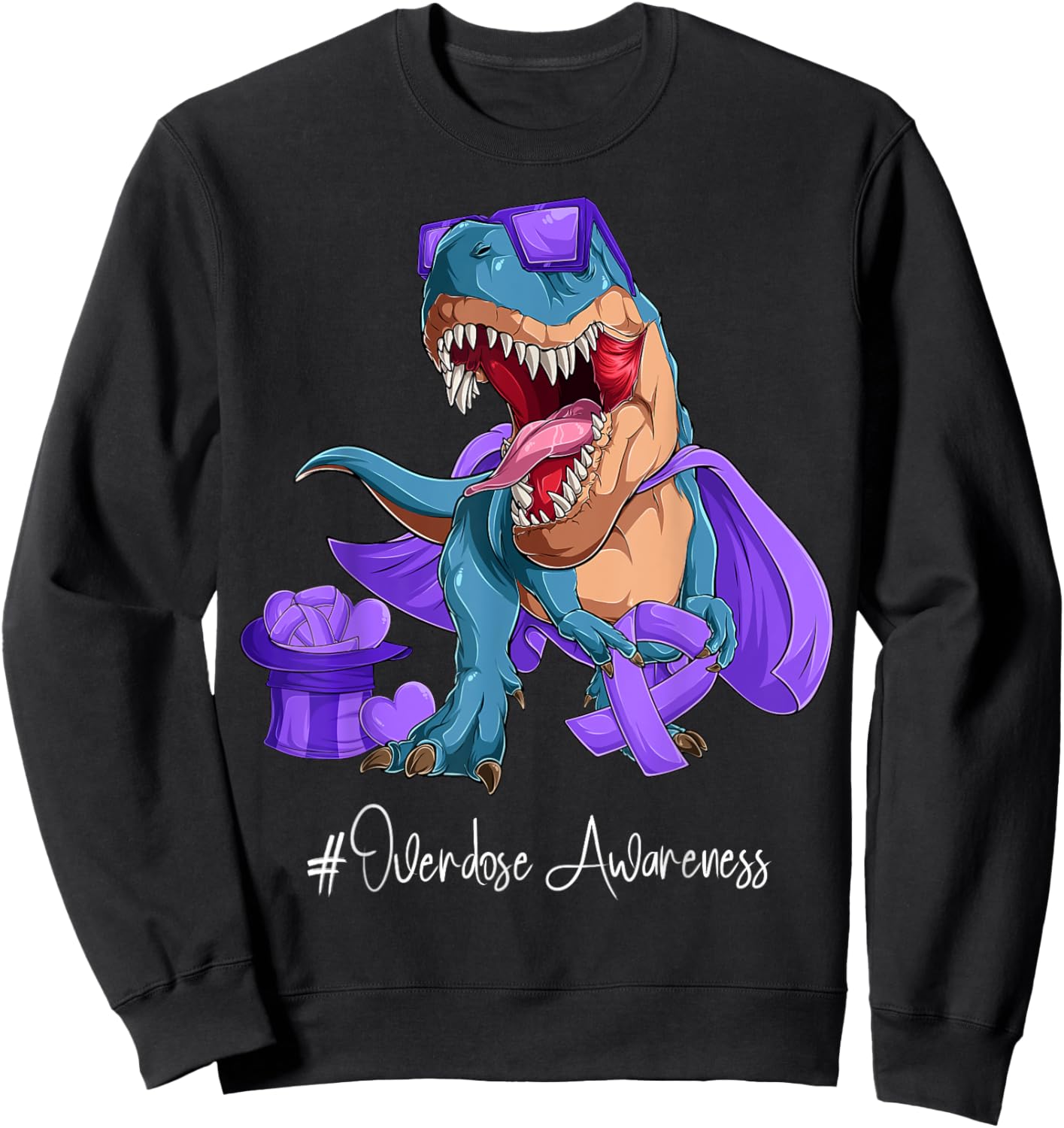 Overdose Awareness Month Purple Ribbon Trex Sweatshirt - Sweatshirt | Black