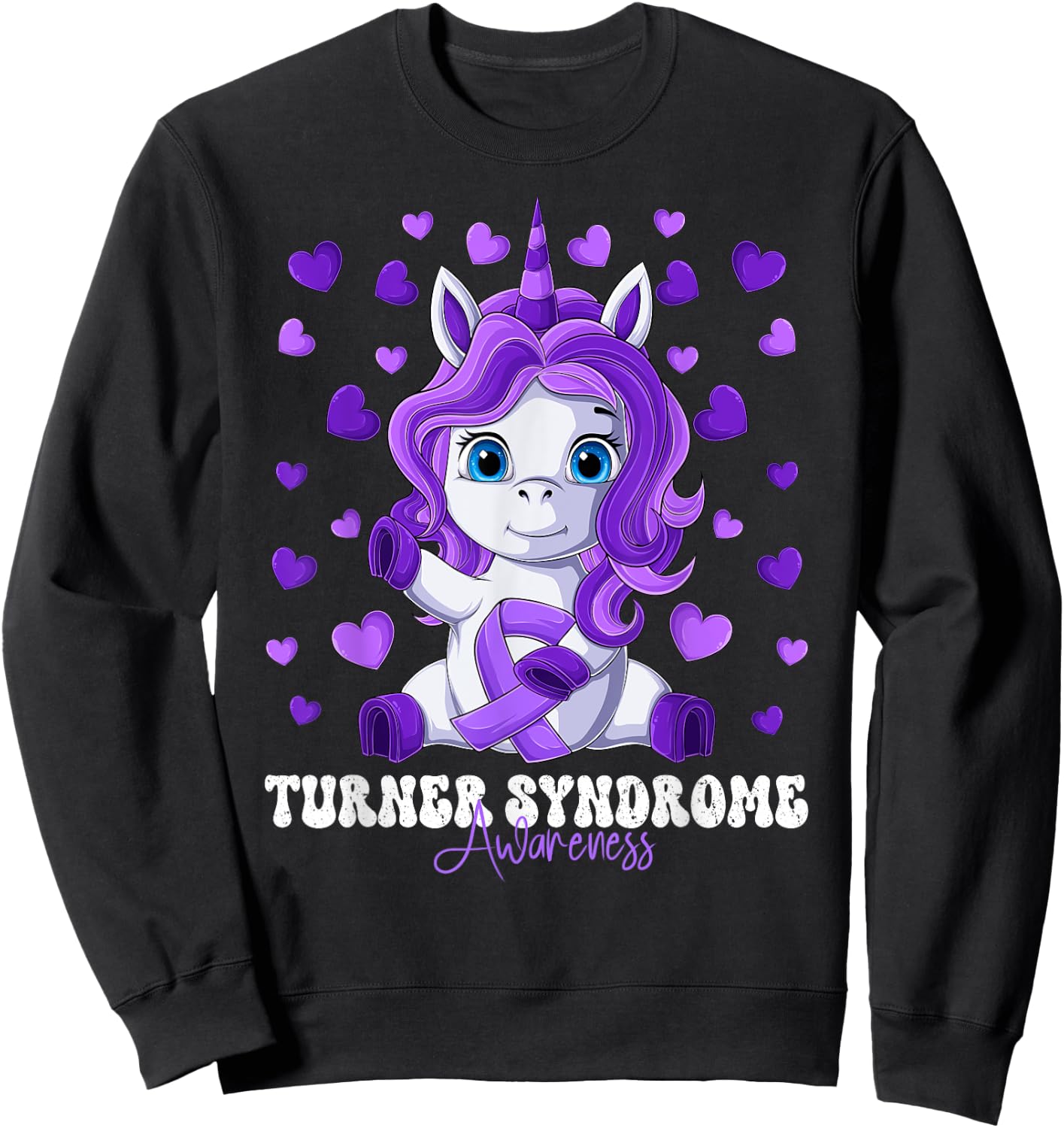 Turner Syndrome Awareness Month Purple Ribbon Unicorn Sweatshirt - Sweatshirt | Black
