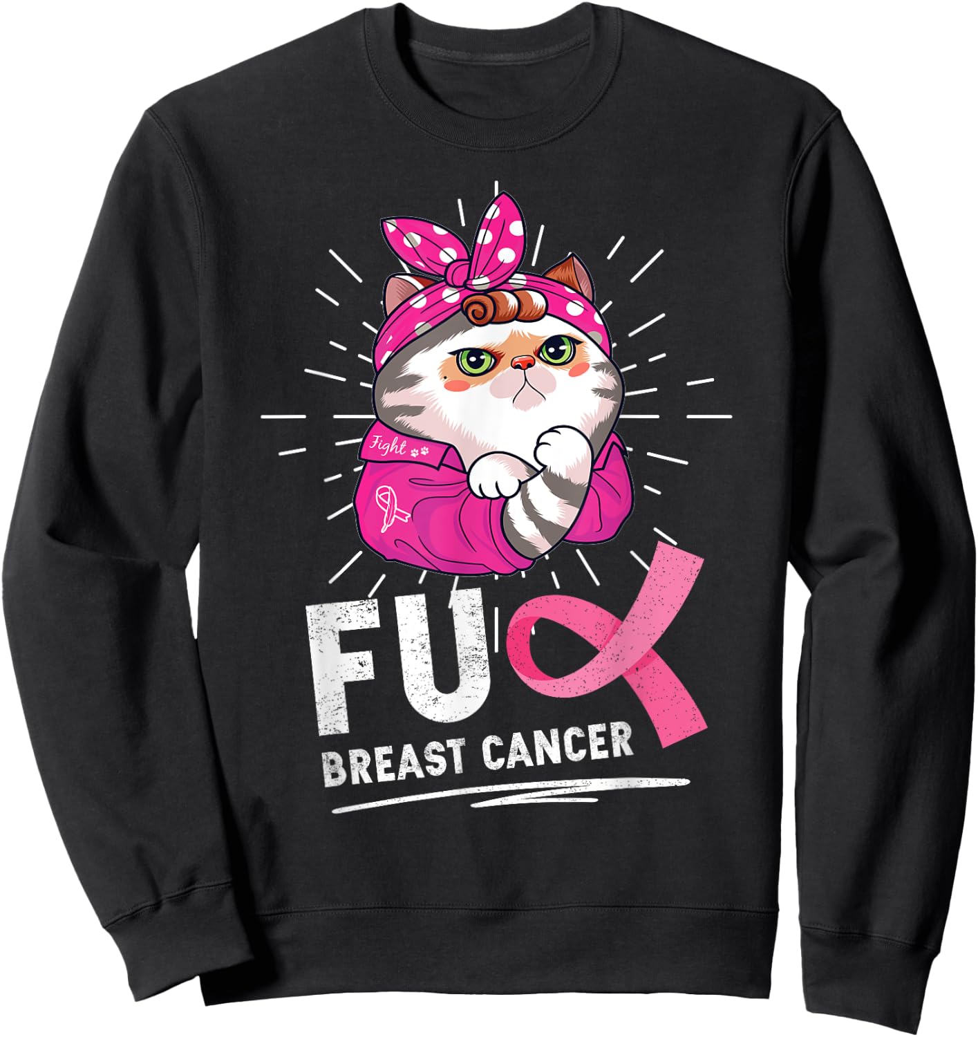 Funny Cat Warrior Fuck Cancer Breast Cancer Awareness Women Sweatshirt - Sweatshirt | Black