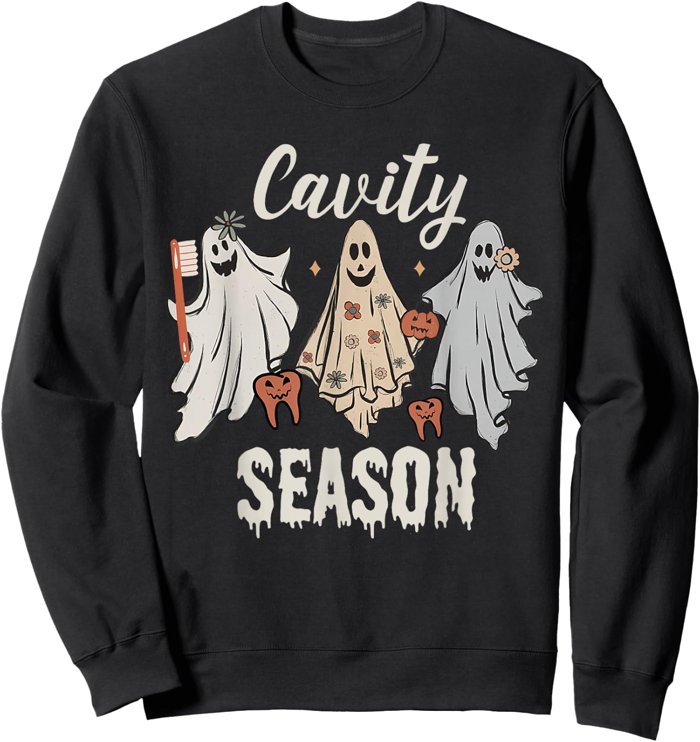 Cavity Season Halloween Funny Dental Ghosts And Toothbrush Sweatshirt - Sweatshirt | Black