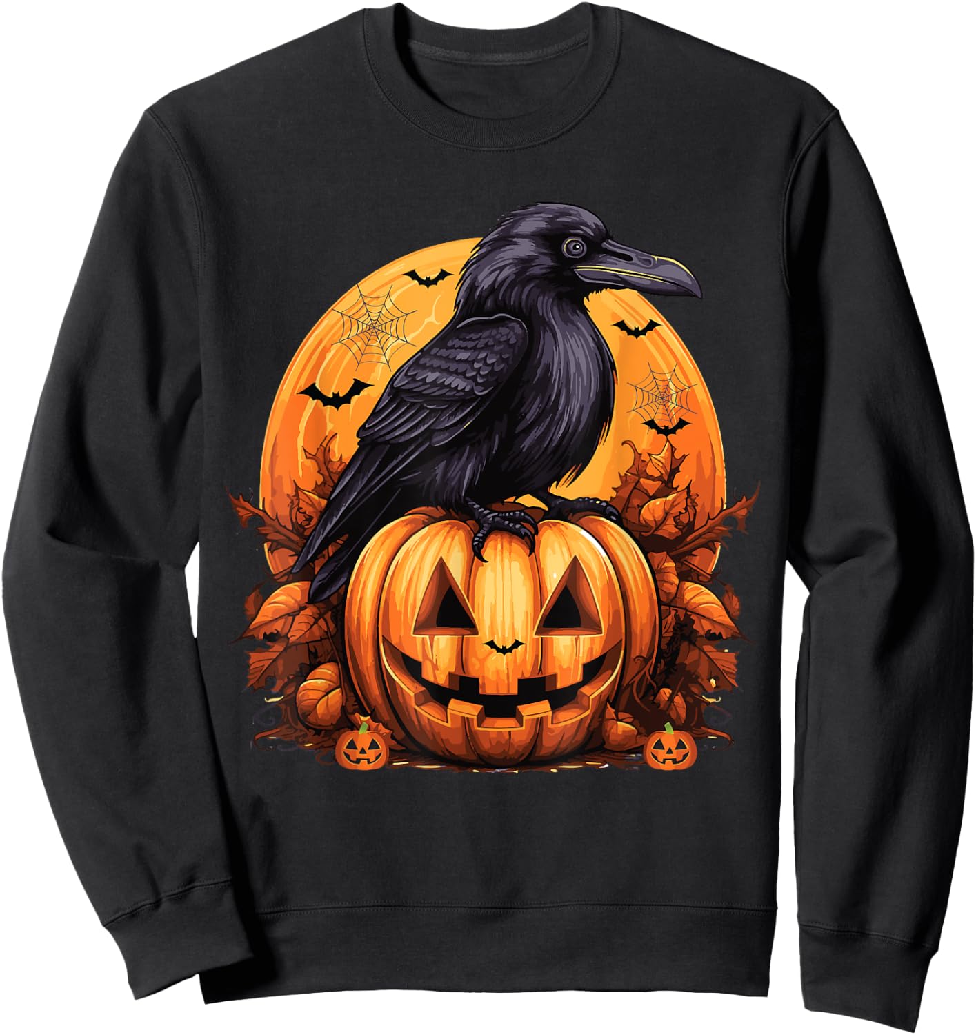 Crow Bird on Pumpkin Crow and Jack o lantern Halloween Party Sweatshirt - Sweatshirt | Black