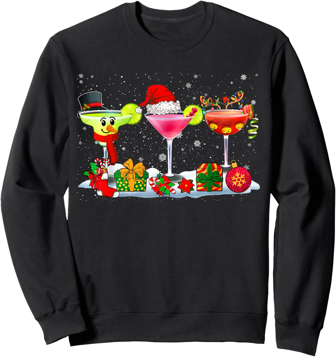 Three Santa Reindeer Snowman Glasses Of Cocktail Funny Xmas Sweatshirt - Sweatshirt | Black