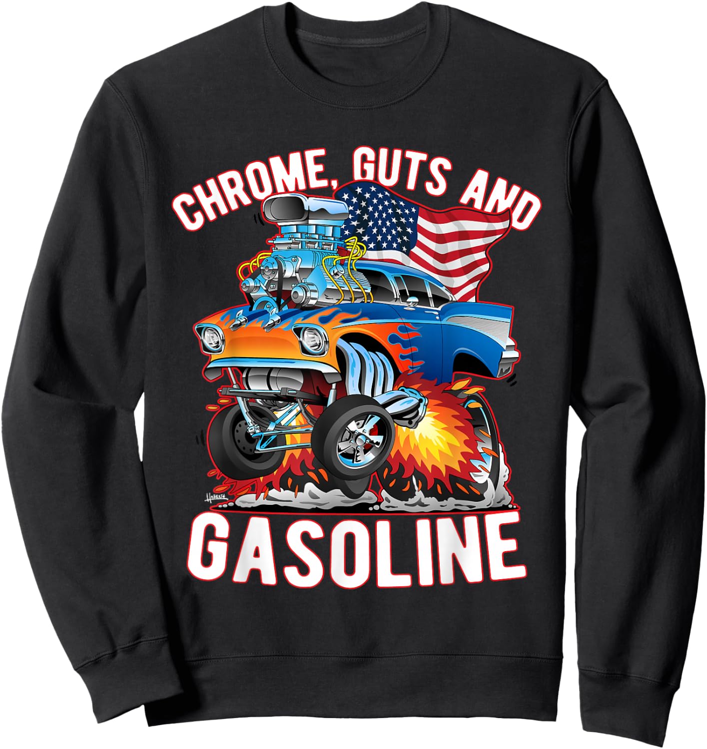 Jeff Hobrath Funny Chrome Guts and Gasoline Hotrod Car Cartoon Design - -Adults/Kids, Black, Short Sleeve, Small Sweatshirt - Sweatshirt | Black