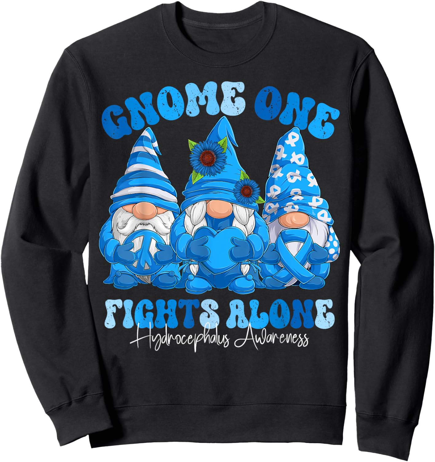 Hydrocephalus Awareness Month Blue Ribbon Gnomies Sweatshirt - Sweatshirt | Black