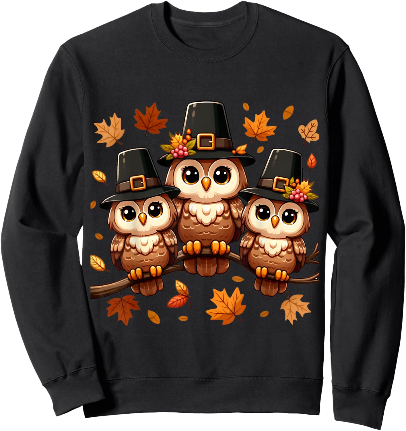 Pilgrim Owls on Autumn Perch Thanksgiving Sweatshirt - Sweatshirt | Black