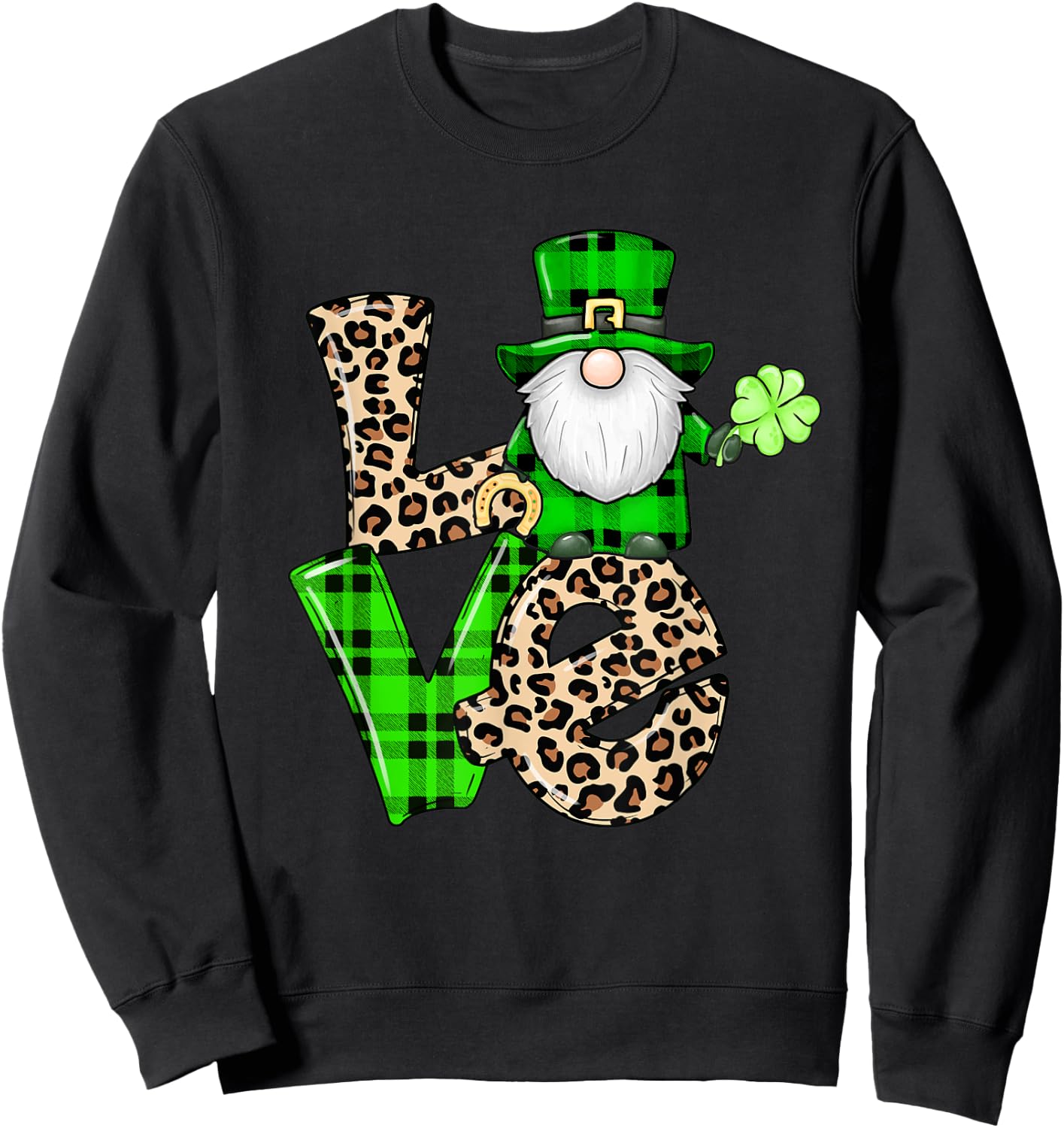 Leopard Shamrock Gnome Leprechaun LOVE St. Patricks Day Sweatshirt - Sweatshirt | Black