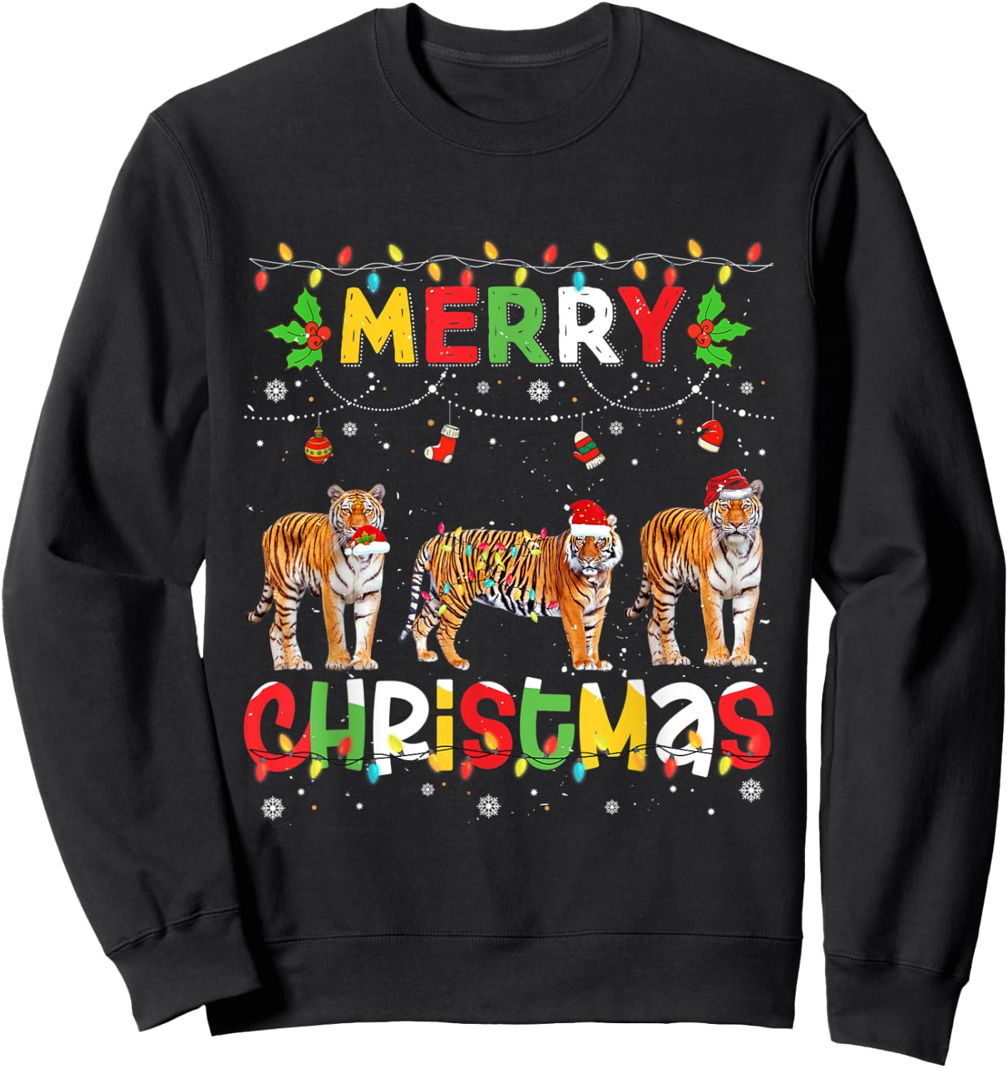 Merry Christmas Tiger Animals Squad Christmas Pajama Sweatshirt - Sweatshirt | Black