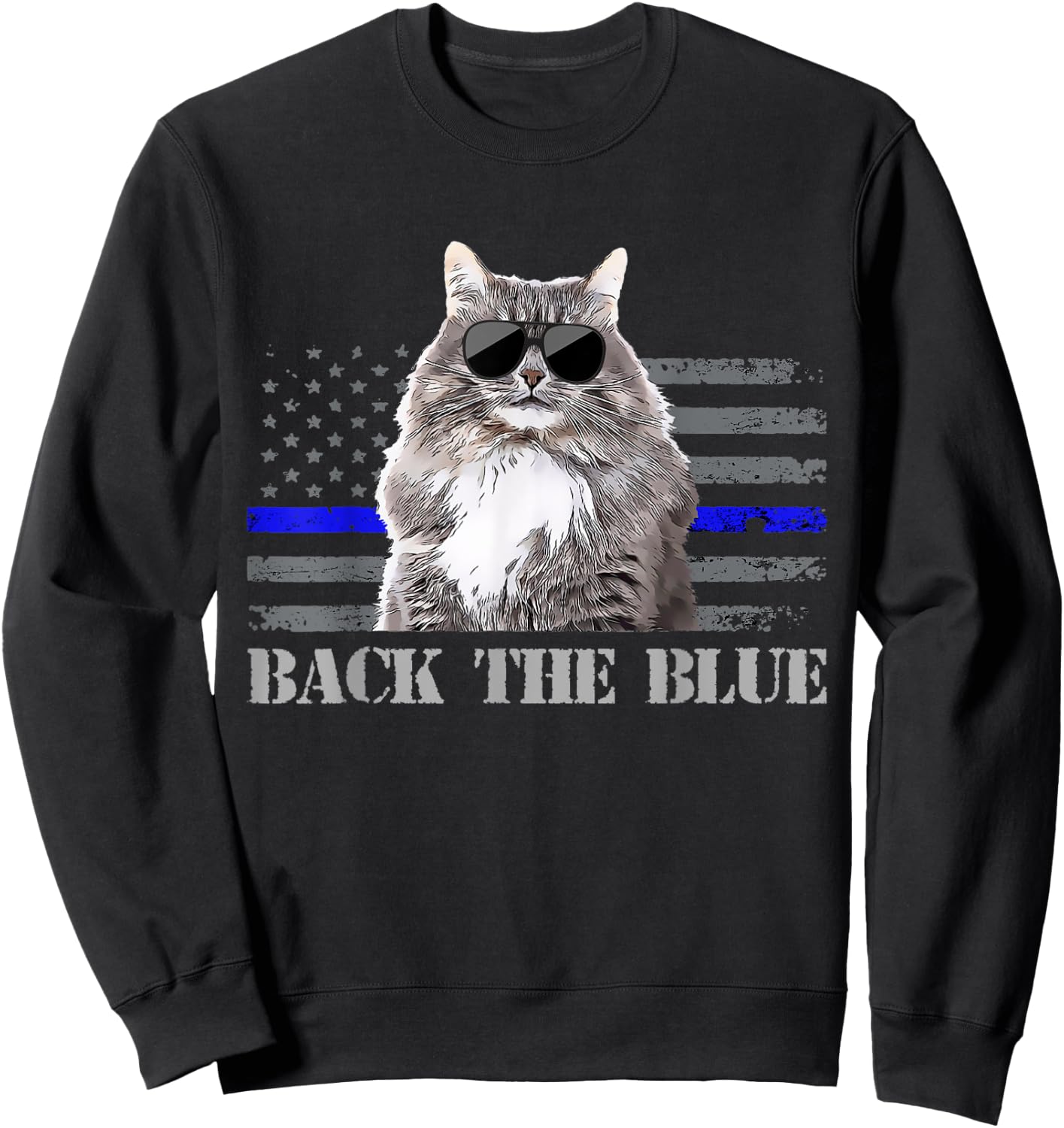Back the Blue Police Cat Thin Blue Line American Flag Kids Men Sweatshirt - Sweatshirt | Black
