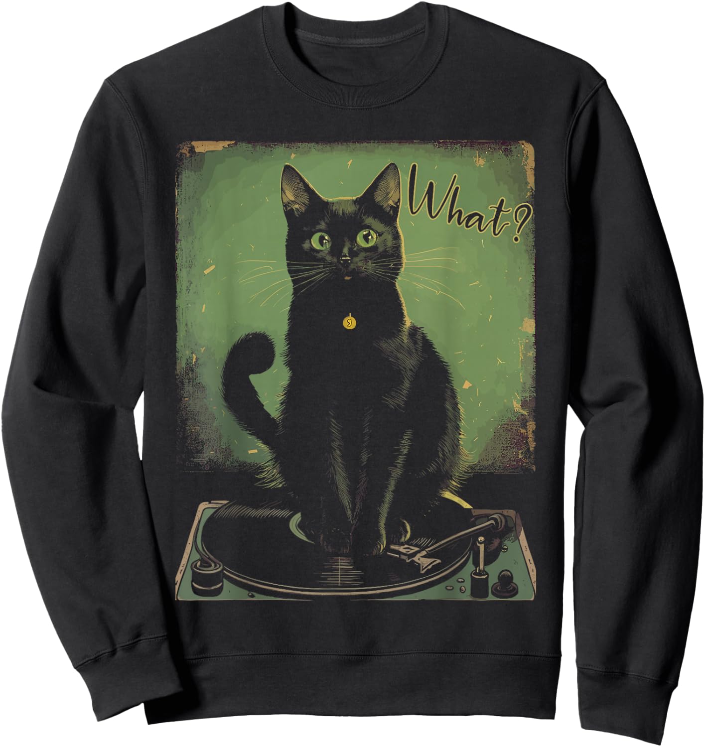 Black Cat Sitting On Vinyl Record Player Women Men Sweatshirt - Sweatshirt | Black