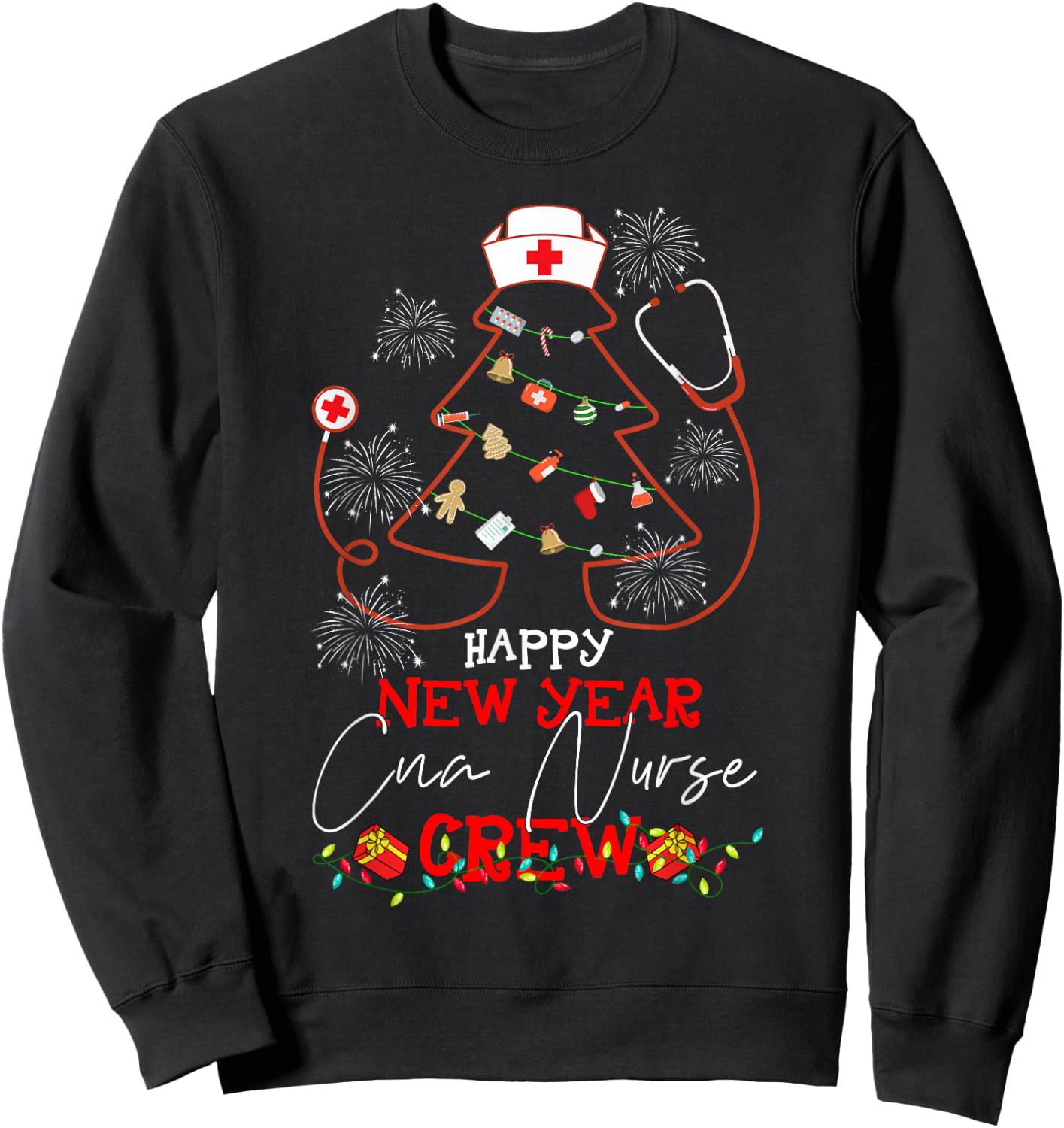 Happy New Year CNA Nurse Crew Reindeer Nurse Christmas Sweatshirt - Sweatshirt | Black