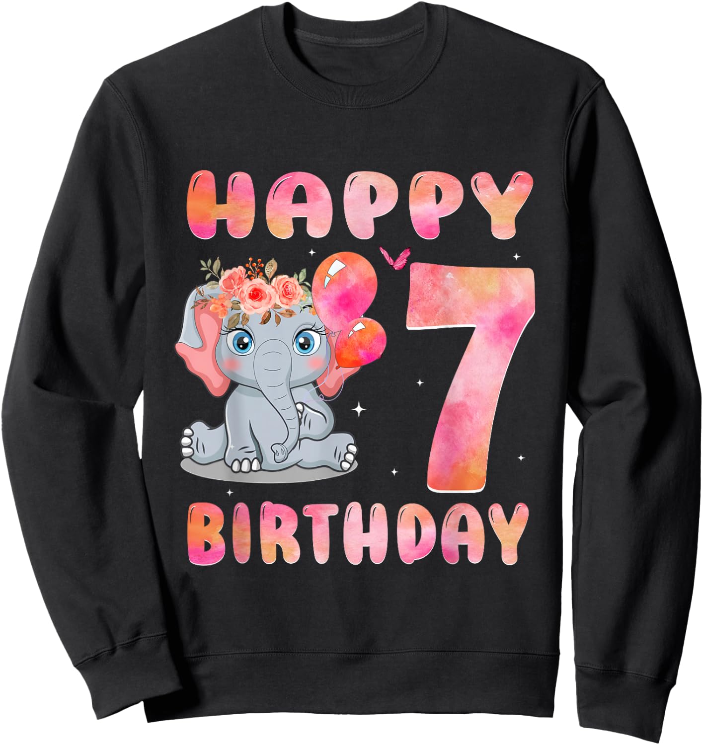Happy Birthday 7th Elephant Girl Baby Kid 7 Year Old Sweatshirt - Sweatshirt | Black