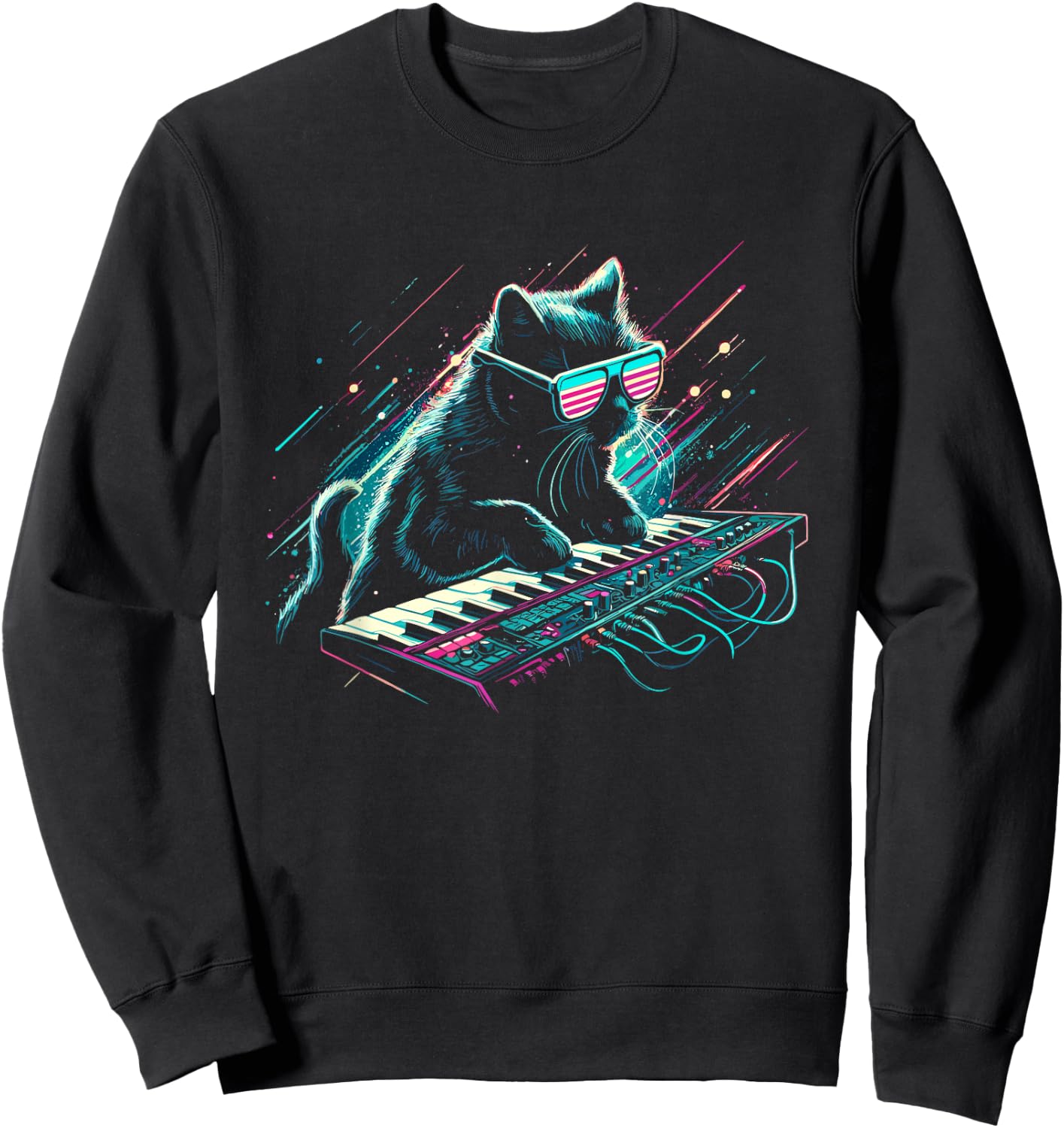 DJ Cat With Synthesizer - Funny Vintage 80s 90s Disco Cat Sweatshirt - Sweatshirt | Black