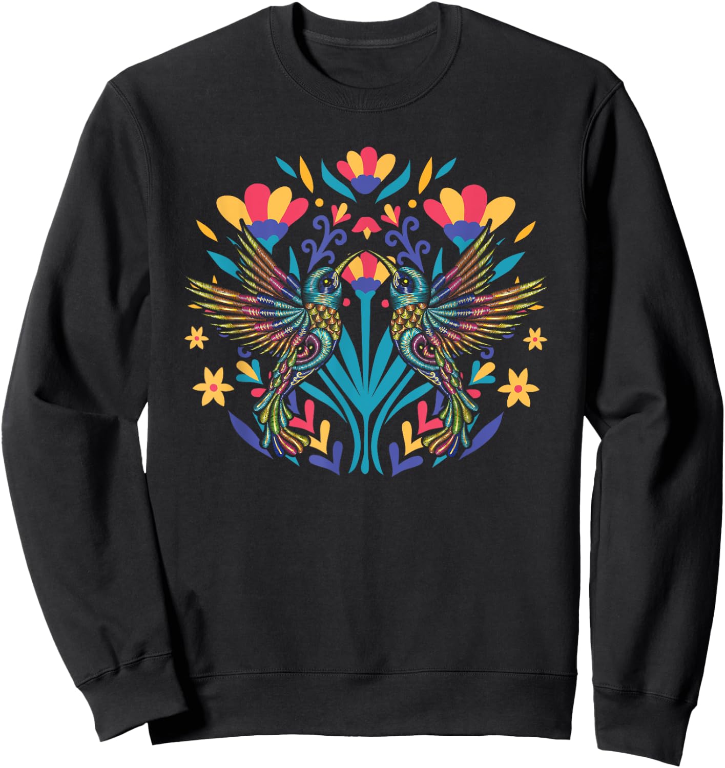 Floral Bird Otomi Mexican Embroidery Style Mexicano Mexicana Sweatshirt - Sweatshirt | Black